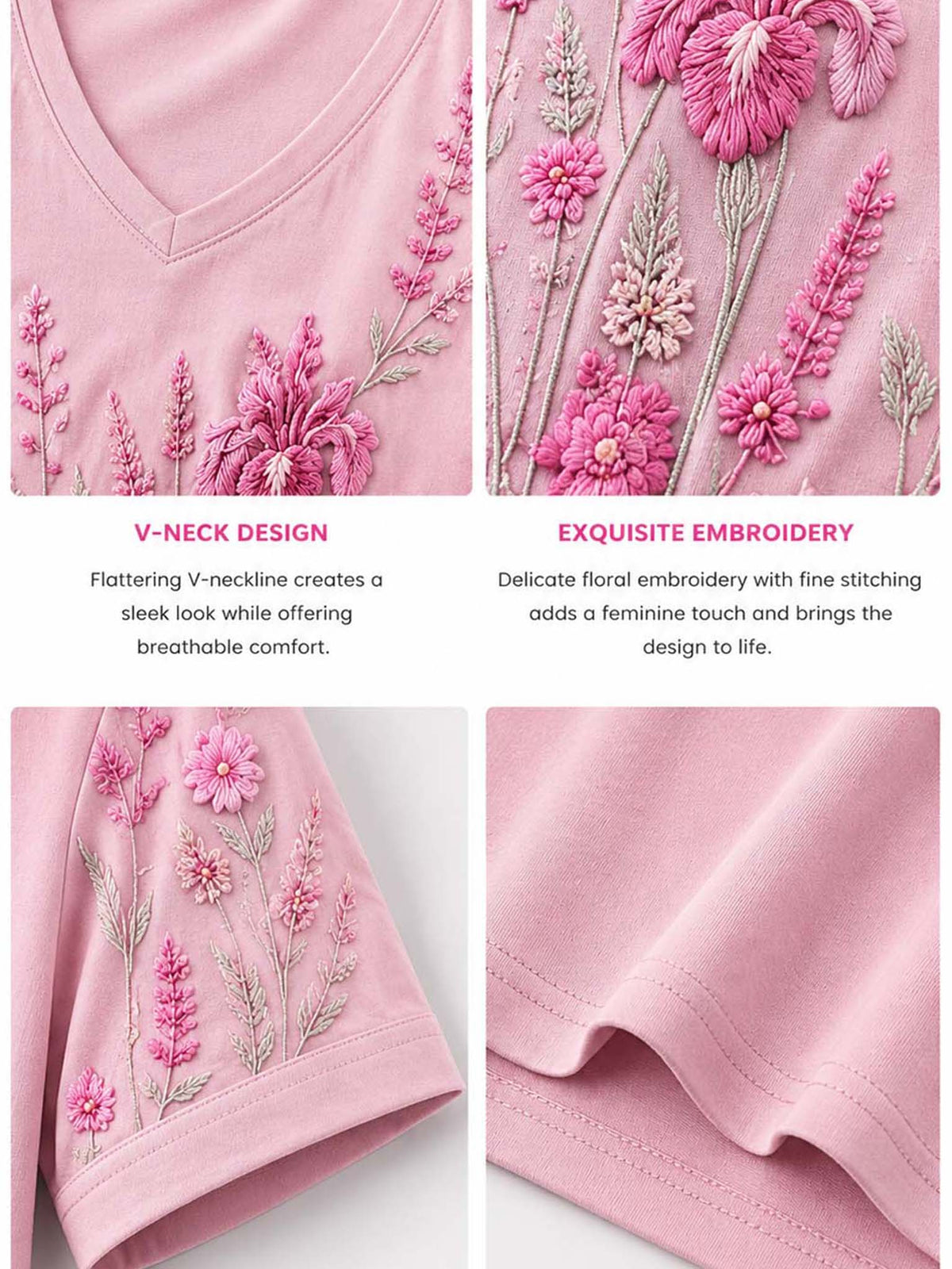A pink V-neck blouse shown in a four-panel detail layout, highlighting floral embroidery, the V-neckline, sleeve embroidery, and fabric texture. Text overlays describe the design and embroidery details.