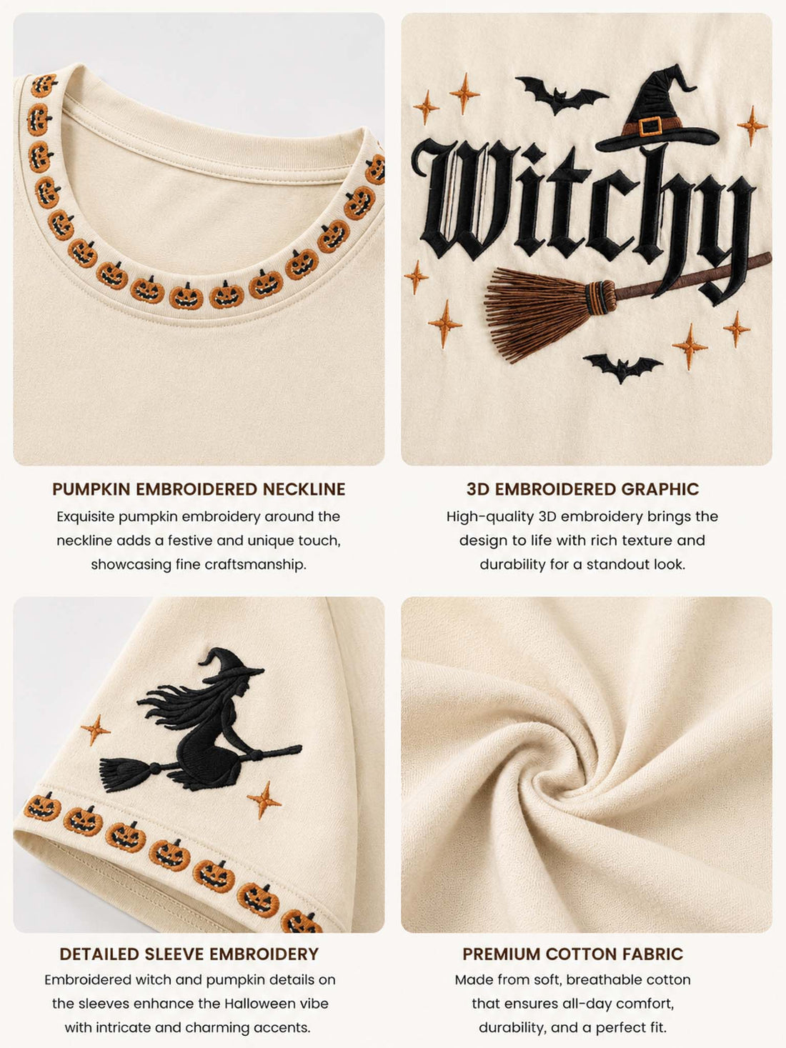 Cream-colored short-sleeve t-shirt with a Halloween 'Witchy' graphic print, styled with distressed denim shorts on a hanger against a dark gray background.