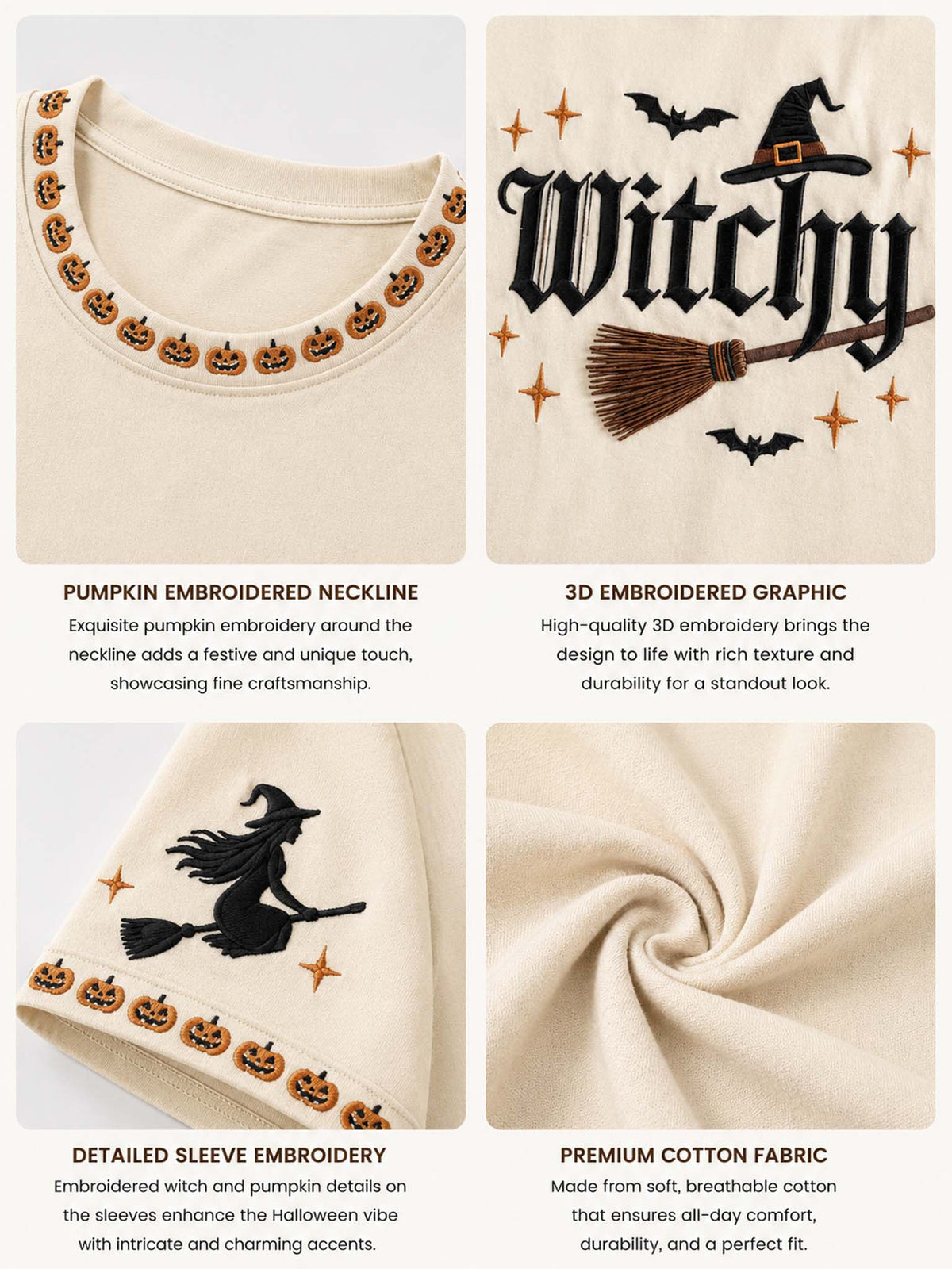 Four-panel product feature collage showing a cream Halloween-themed embroidered garment or accessory set. The panels highlight a pumpkin-embroidered neckline, a 3D embroidered 'Witch' graphic with broom and stars, sleeve embroidery, and a close-up of the soft cream fabric.