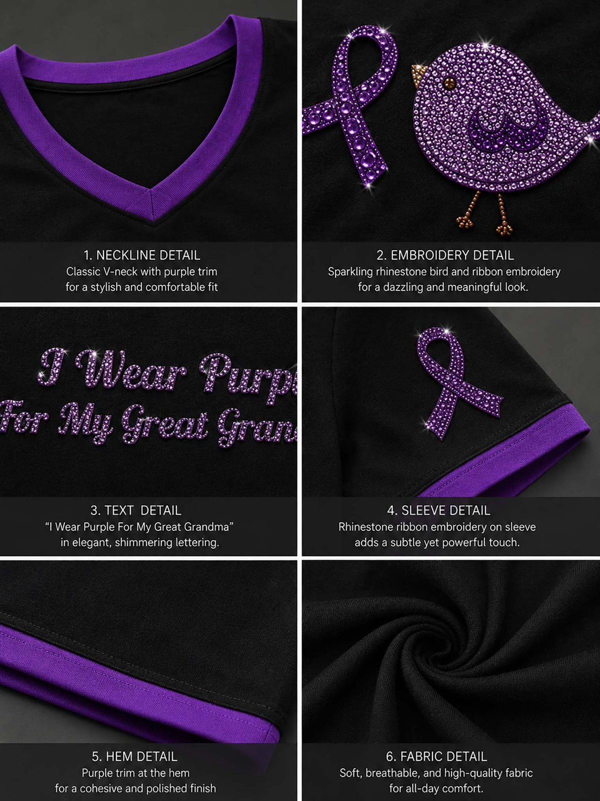 A six-panel product detail collage showing a black garment with a purple V-neck trim, purple rhinestone bird embroidery, purple text reading 'I Wear Purple For My Great Grandma', purple ribbon embroidery on the sleeve, and purple hem trim. Text labels describe each detail.