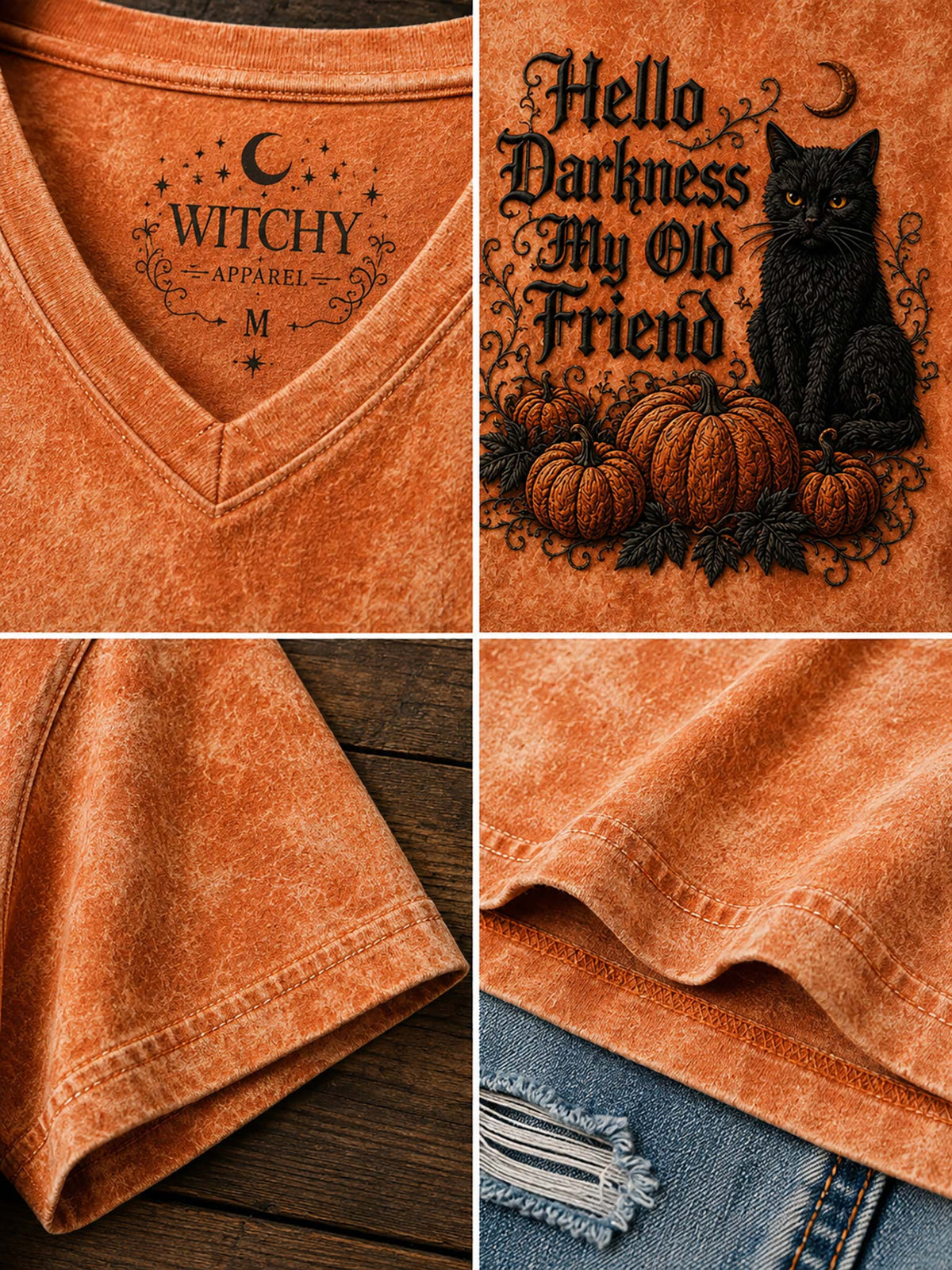 A four-panel close-up collage of an orange acid-wash V-neck t-shirt. The top-left panel shows the inside of the collar with 'WITCHY APPAREL' printed in black.