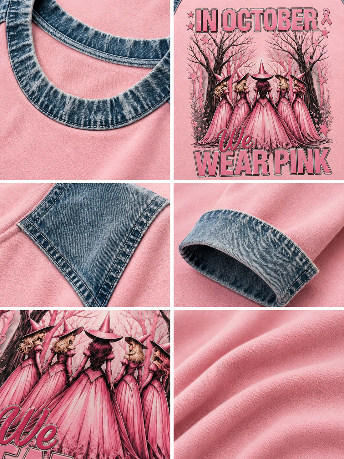 A woman wearing a pink raglan long-sleeve shirt with denim shoulder panels and cuffs, featuring a graphic of pink-cloaked figures in a forest with the text 'IN OCTOBER WE WEAR PINK'.