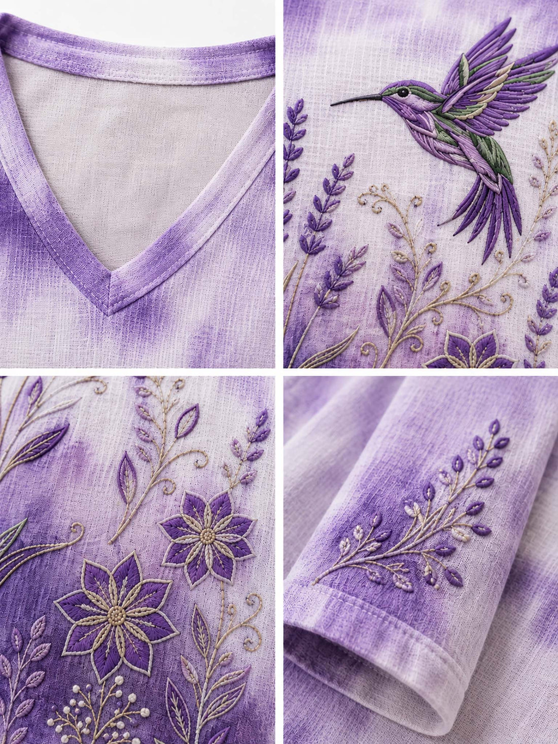 A woman wearing a short-sleeve V-neck top with a purple and lavender watercolor wash, decorated with embroidered lavender stems, flowers, and a hummingbird in green and purple.