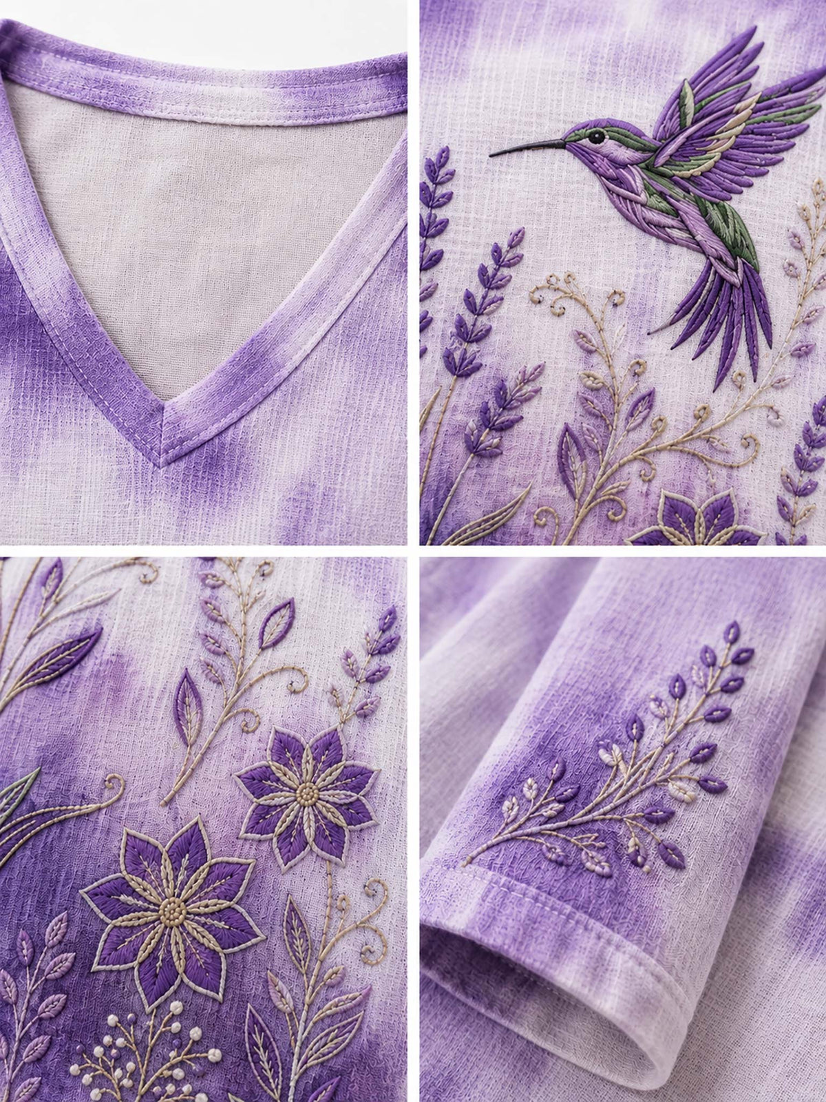 A close-up collage of a lavender and purple embroidered garment, showing a V-neck interior, a hummingbird motif, floral embroidery, and a rolled cuff with metallic gold thread details.