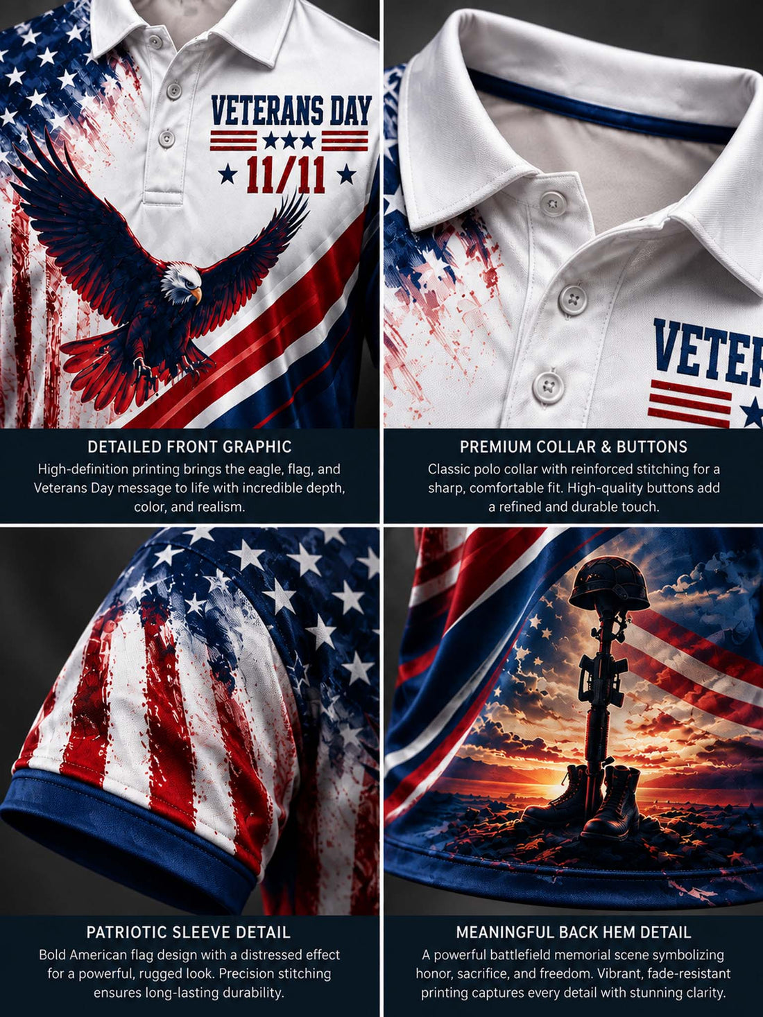 A short-sleeve polo shirt with a patriotic Veterans Day 11/11 design, featuring an American flag pattern, a bald eagle, and a military helmet on a tombstone at sunset, shown on a dark gray background.