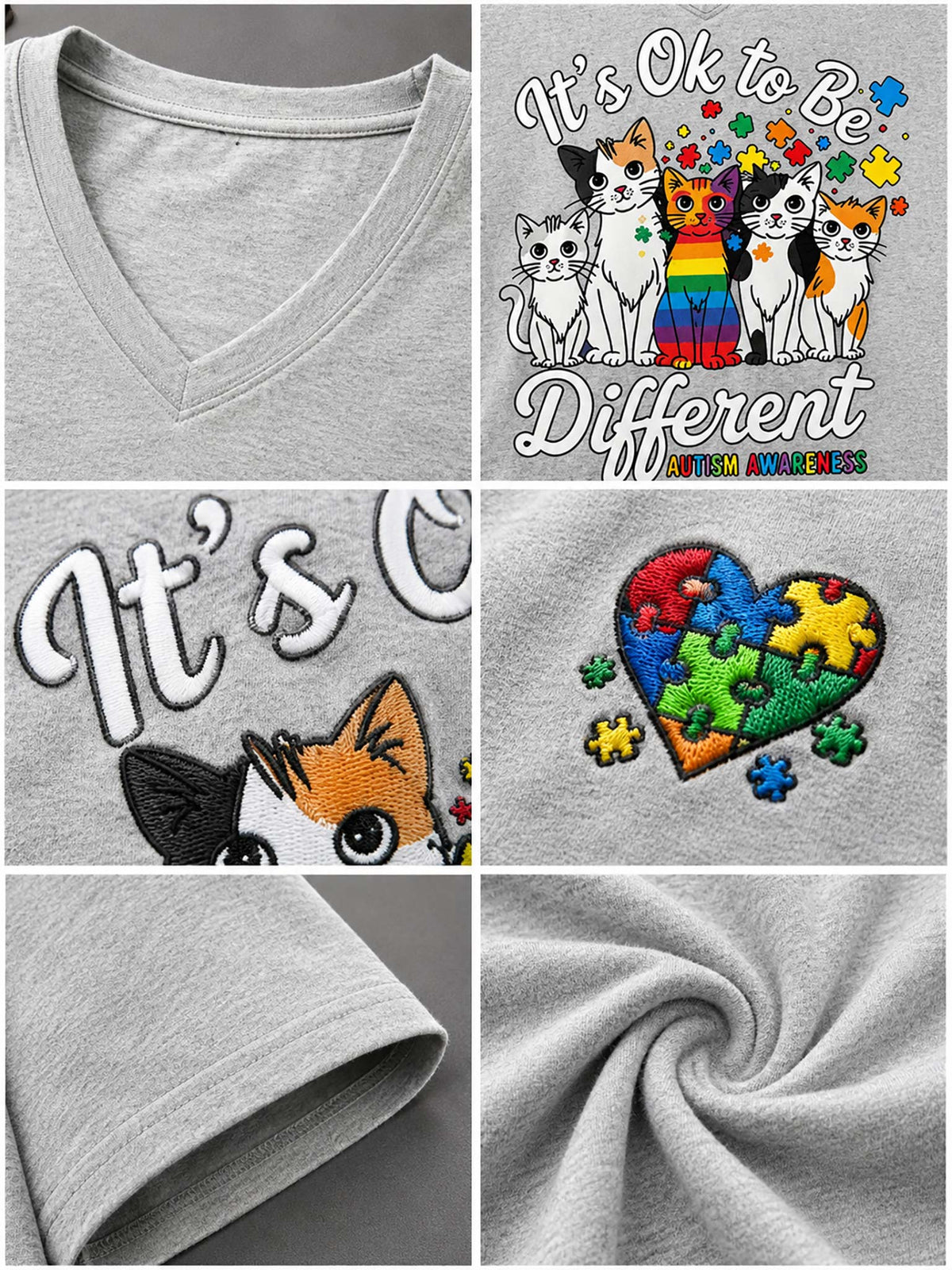 A 2x3 collage showing a light gray heather V-neck t-shirt from multiple angles. The top-left panel shows the V-neck collar, the top-right panel shows a graphic of five cats with a rainbow and the text 'It's Ok to Be Different', the middle-left panel shows part of a cat face with the text 'It's C', the middle-right panel shows a colorful puzzle heart graphic, the bottom-left panel shows a close-up of the gray fabric cuff, and the bottom-right panel shows a close-up of the gray fabric texture.