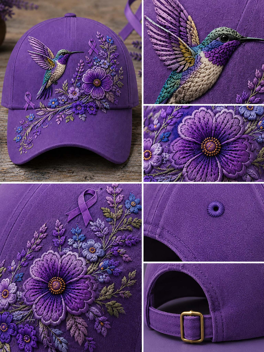 A purple baseball cap with detailed embroidery of a hummingbird and purple flowers, ribbon motifs, and floral branches, displayed on a rustic wooden surface.
