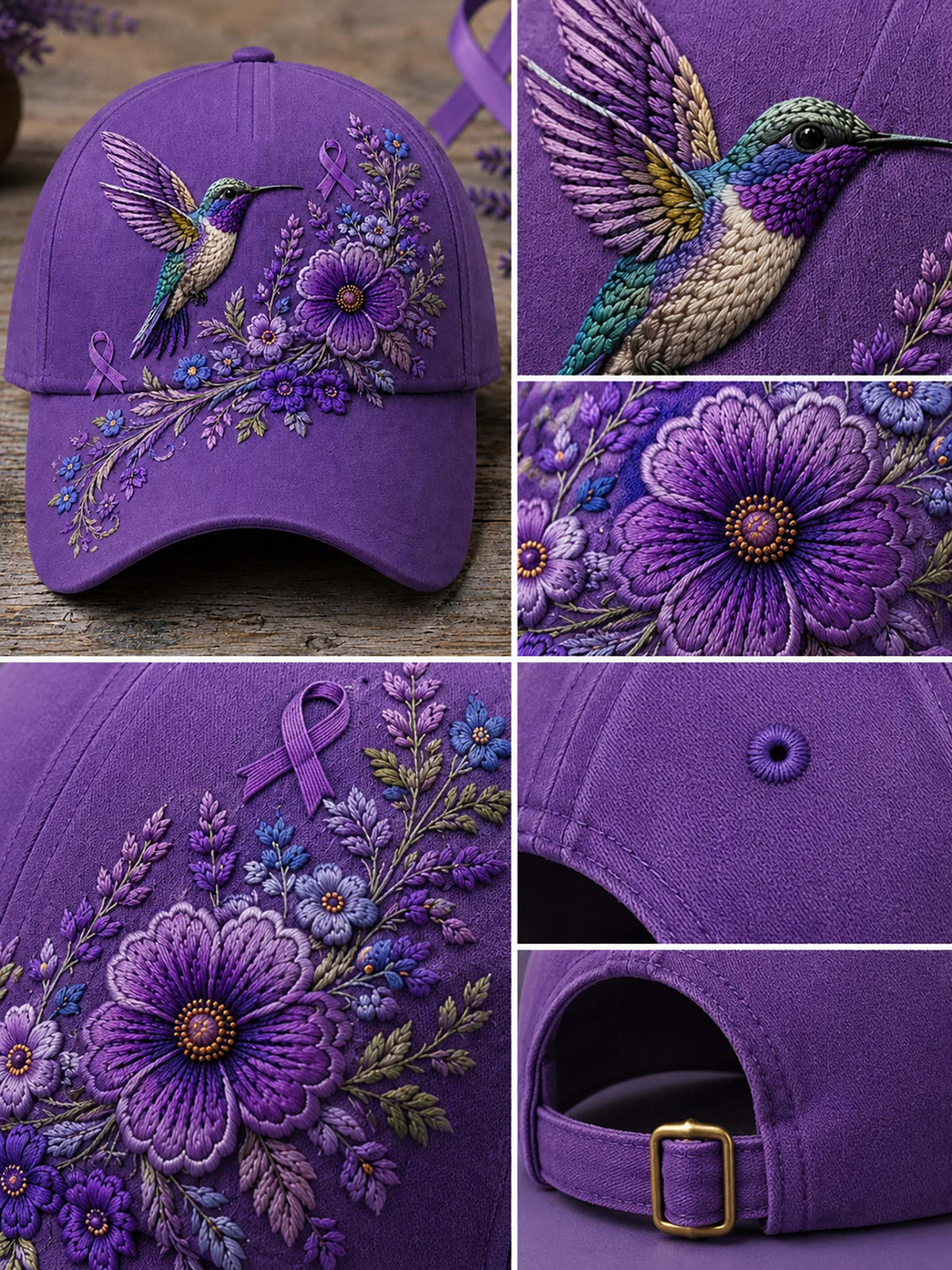 Purple baseball cap with detailed embroidered hummingbirds, flowers, and a purple awareness ribbon, shown in a multi-view collage with close-up detail panels.