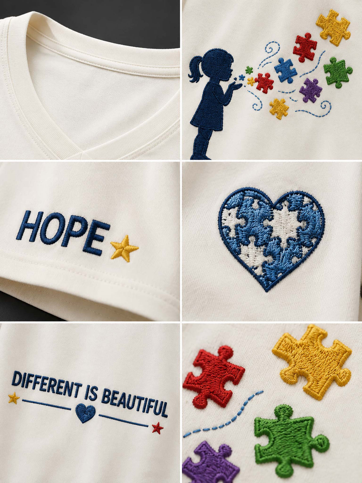 A collage of six close-up views showing a white embroidered T-shirt design. The design includes a navy silhouette of a girl surrounded by colorful puzzle pieces, the word HOPE with a yellow star, a blue and white puzzle-heart motif, the phrase "DIFFERENT IS BEAUTIFUL" with blue and red accents, and several colorful puzzle pieces in red, yellow, green, purple, and blue.