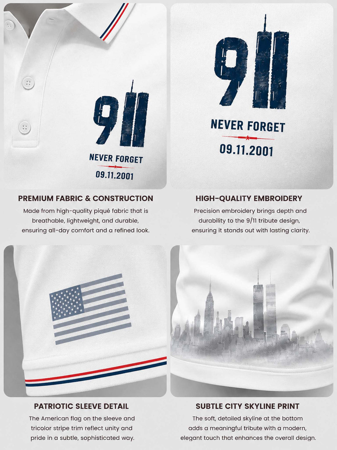 White short-sleeve polo shirt with a navy '9/11' memorial graphic on the left chest, red and navy striped collar trim, a faded gray city skyline print along the hem, and additional text graphics on both sleeves.