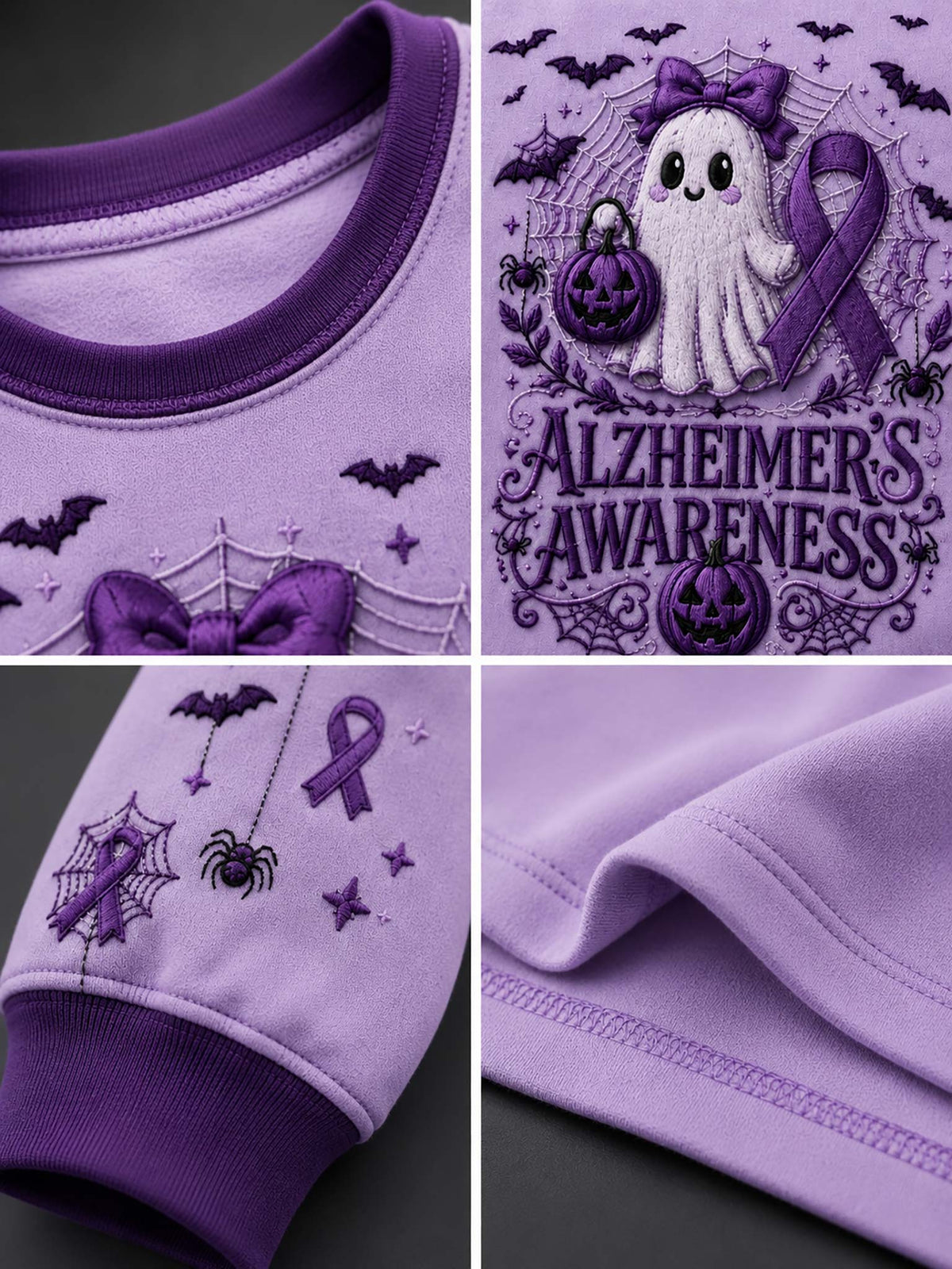 A purple and lavender fleece sweatshirt with Halloween-themed embroidery, shown in a four-panel collage. The embroidery features a white ghost, purple ribbon, pumpkins, bats, spiders, and the text 'ALZHEIMER'S AWARENESS'.