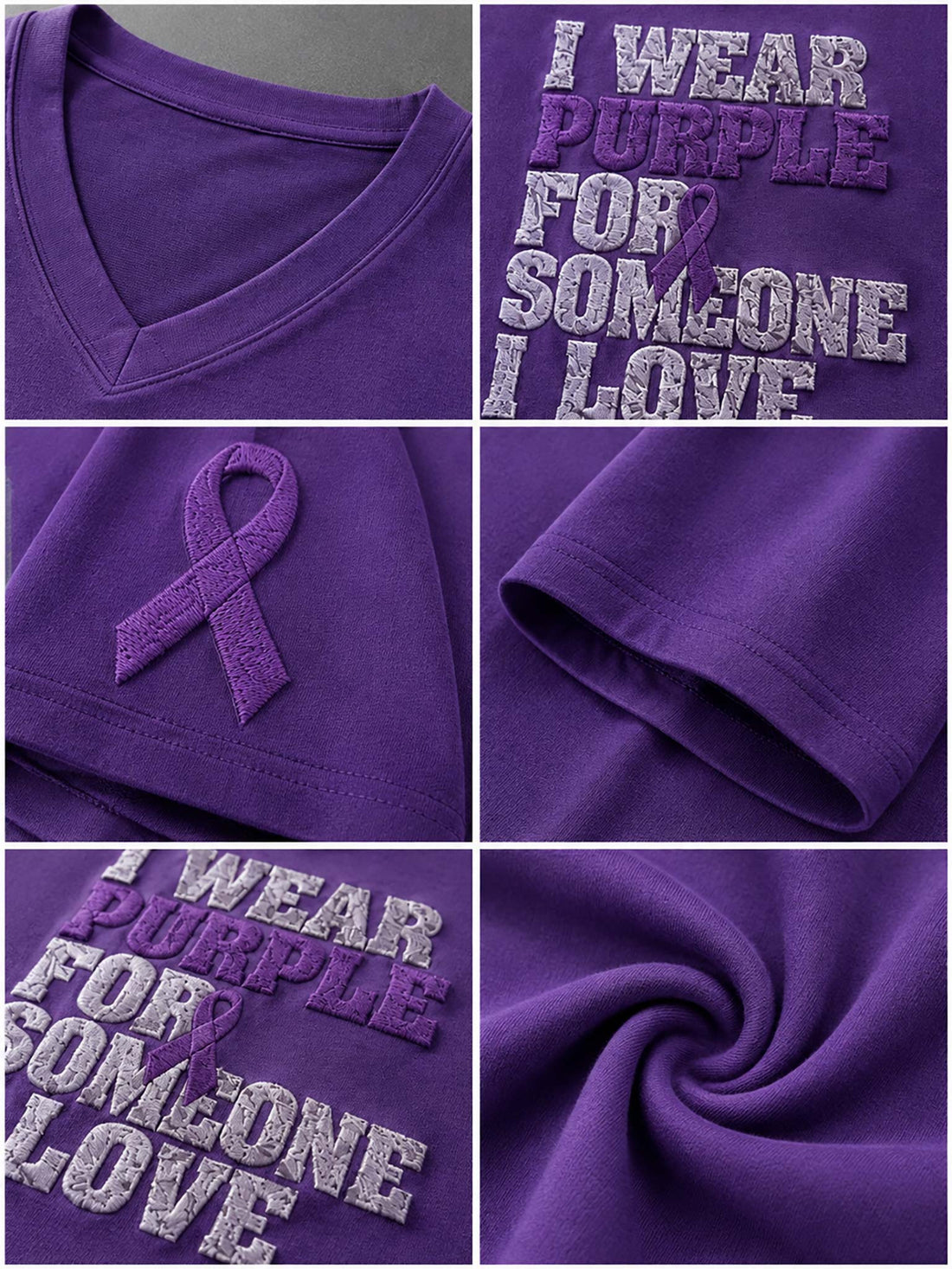 A purple V-neck T-shirt on a wooden hanger, styled with distressed denim shorts against a dark gray background. The shirt features the text 'I WEAR PURPLE FOR SOMEONE I LOVE' in distressed white and purple lettering, with purple awareness ribbons on both sleeves.