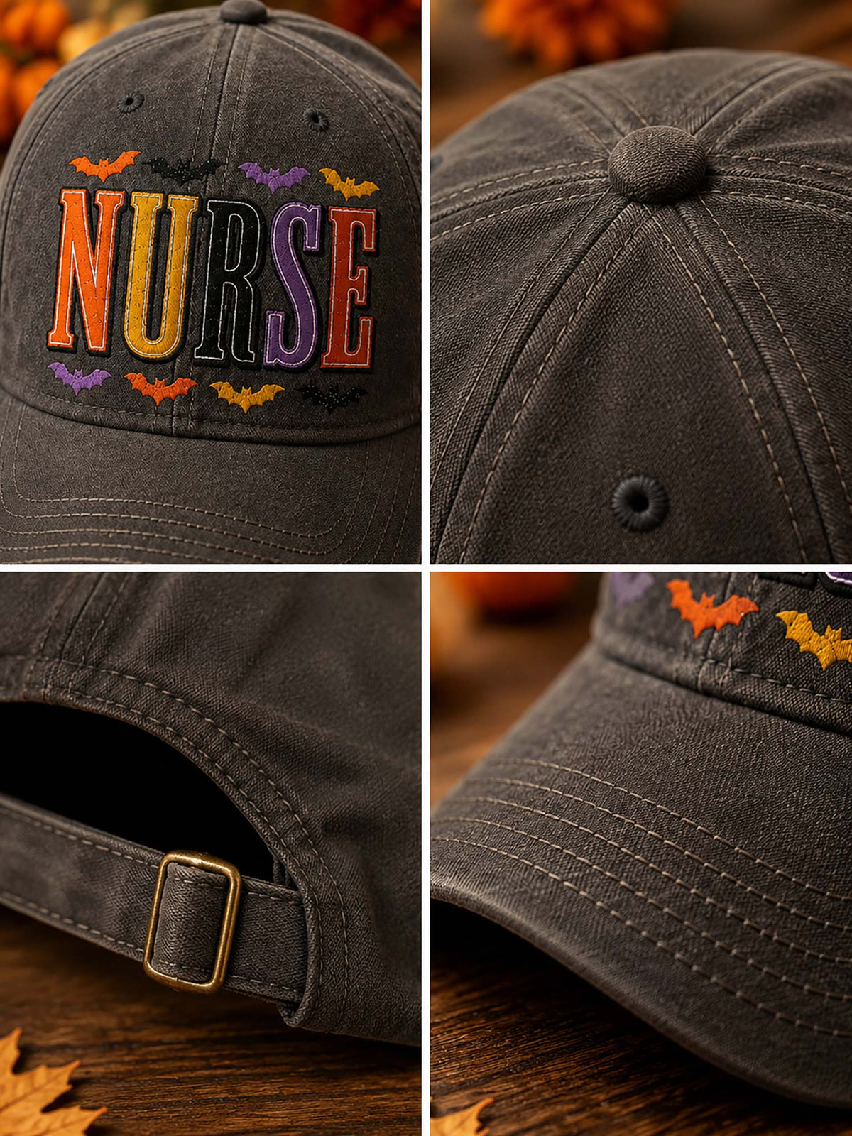 A dark gray distressed baseball cap shown in a four-panel collage. The front panel features colorful embroidered text reading 'NURSE' with small bat motifs above and below.