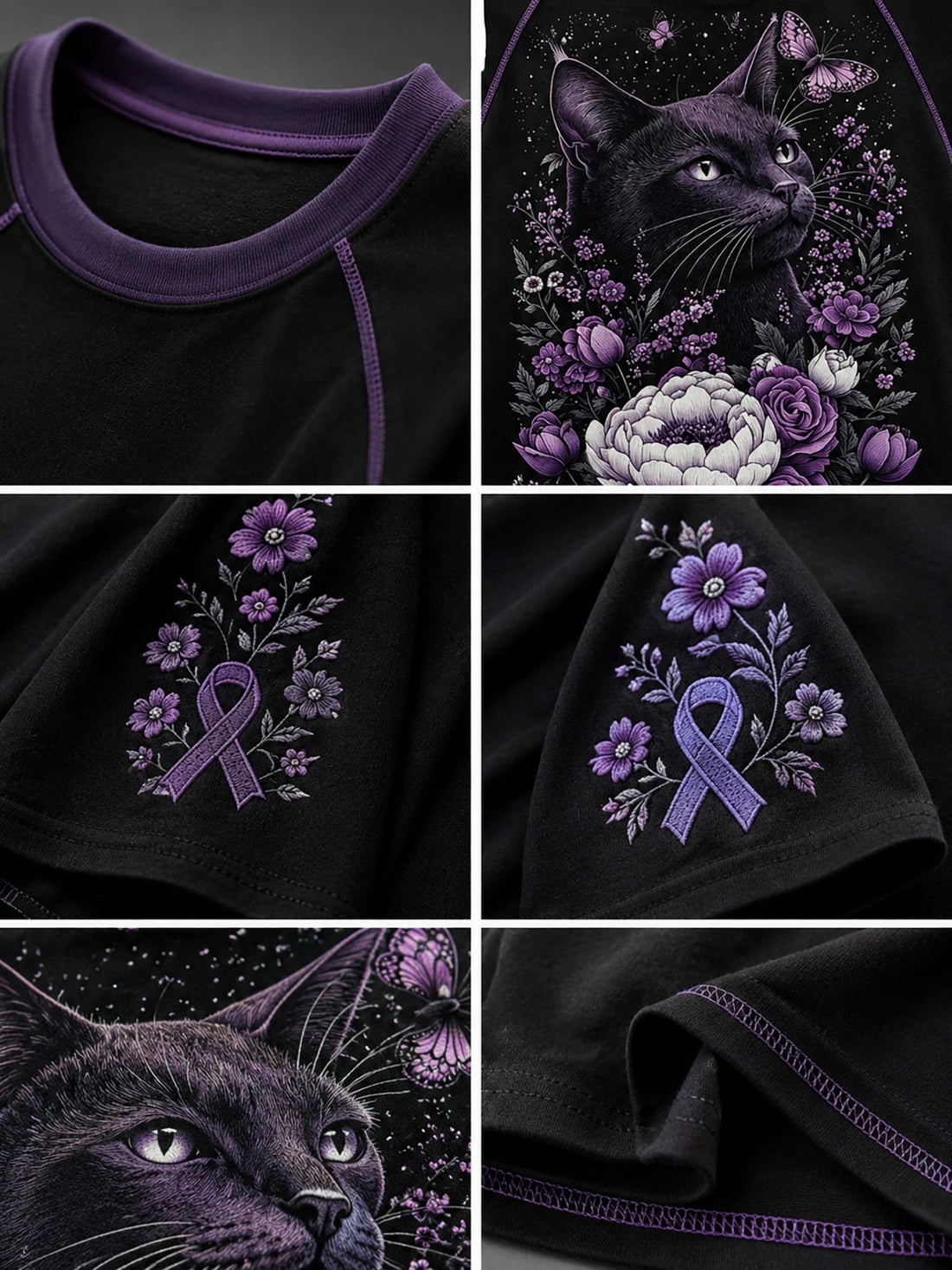 A black short-sleeve raglan T-shirt with a purple and black cat graphic surrounded by purple flowers, ribbons, and butterflies, styled with distressed denim shorts on a hanger against a dark gray background.