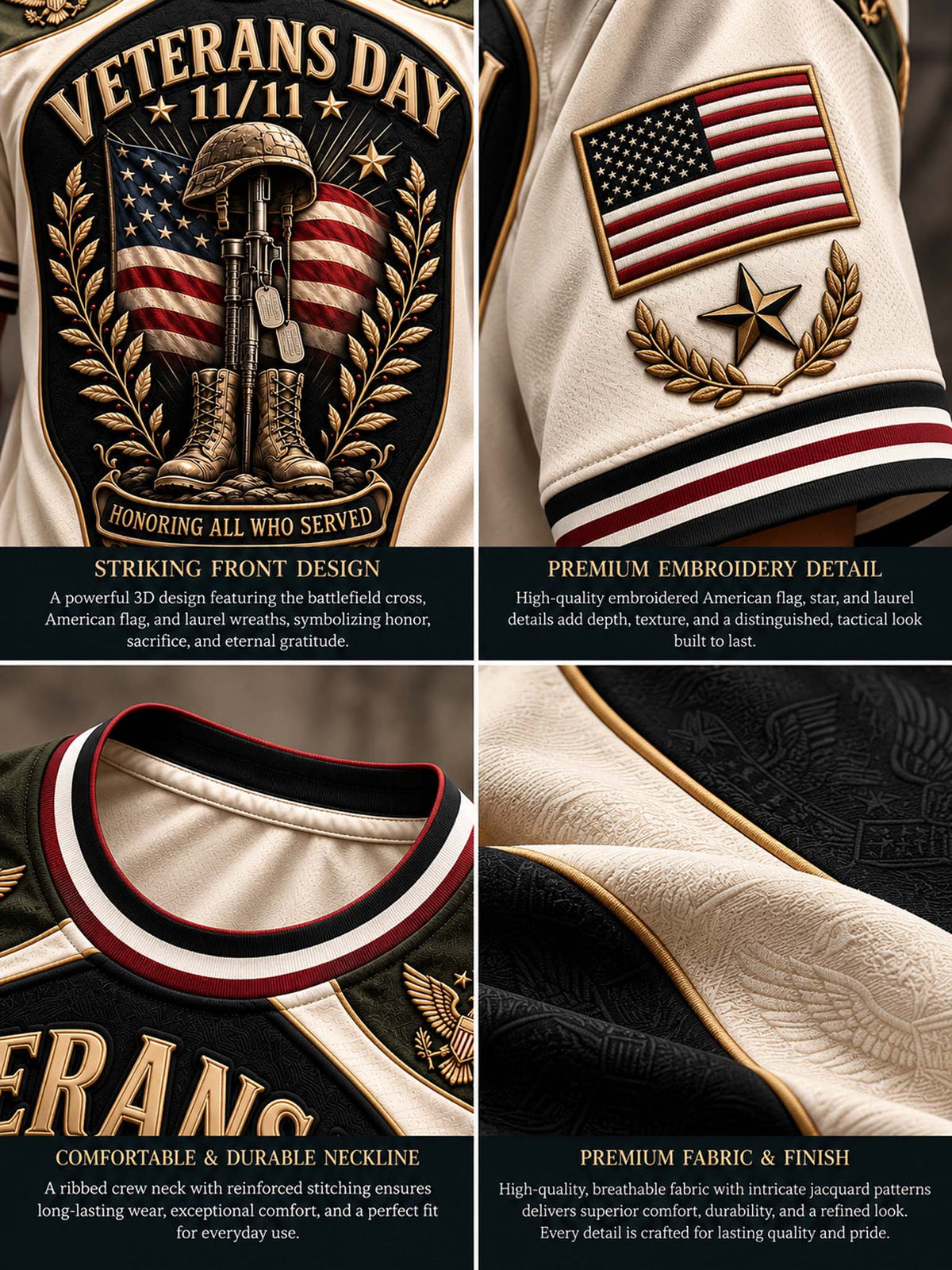 Four-panel close-up collage of a patriotic Veterans Day jacket detail, showing a large front graphic with a rifle and American flag, an embroidered American flag patch, the words 'VETERANS DAY 11/11,' and close views of the ribbed collar and interior lining.