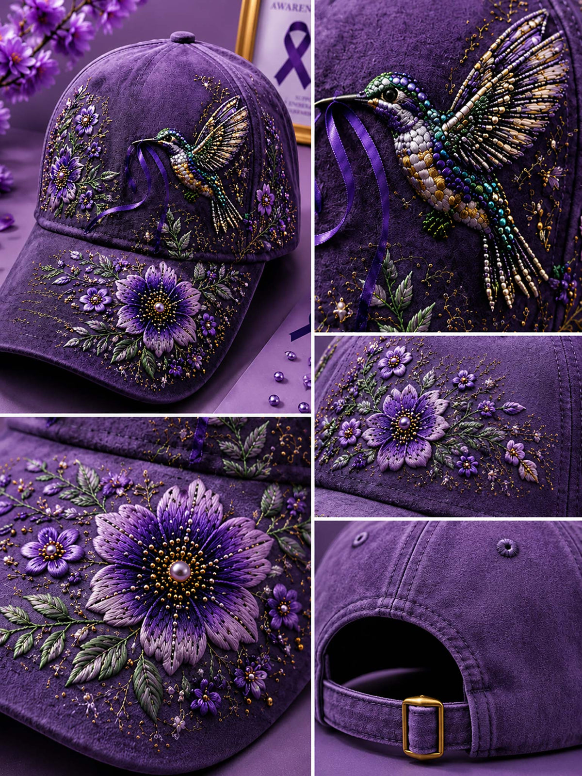 Purple baseball cap with intricate floral and hummingbird embroidery, beadwork, and ribbon details, shown in a multi-view collage.