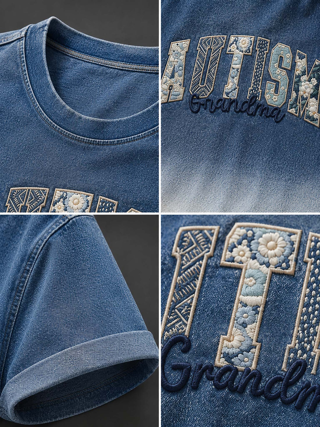 Person wearing a blue and white t-shirt with 'AUTISM Grandma' text.