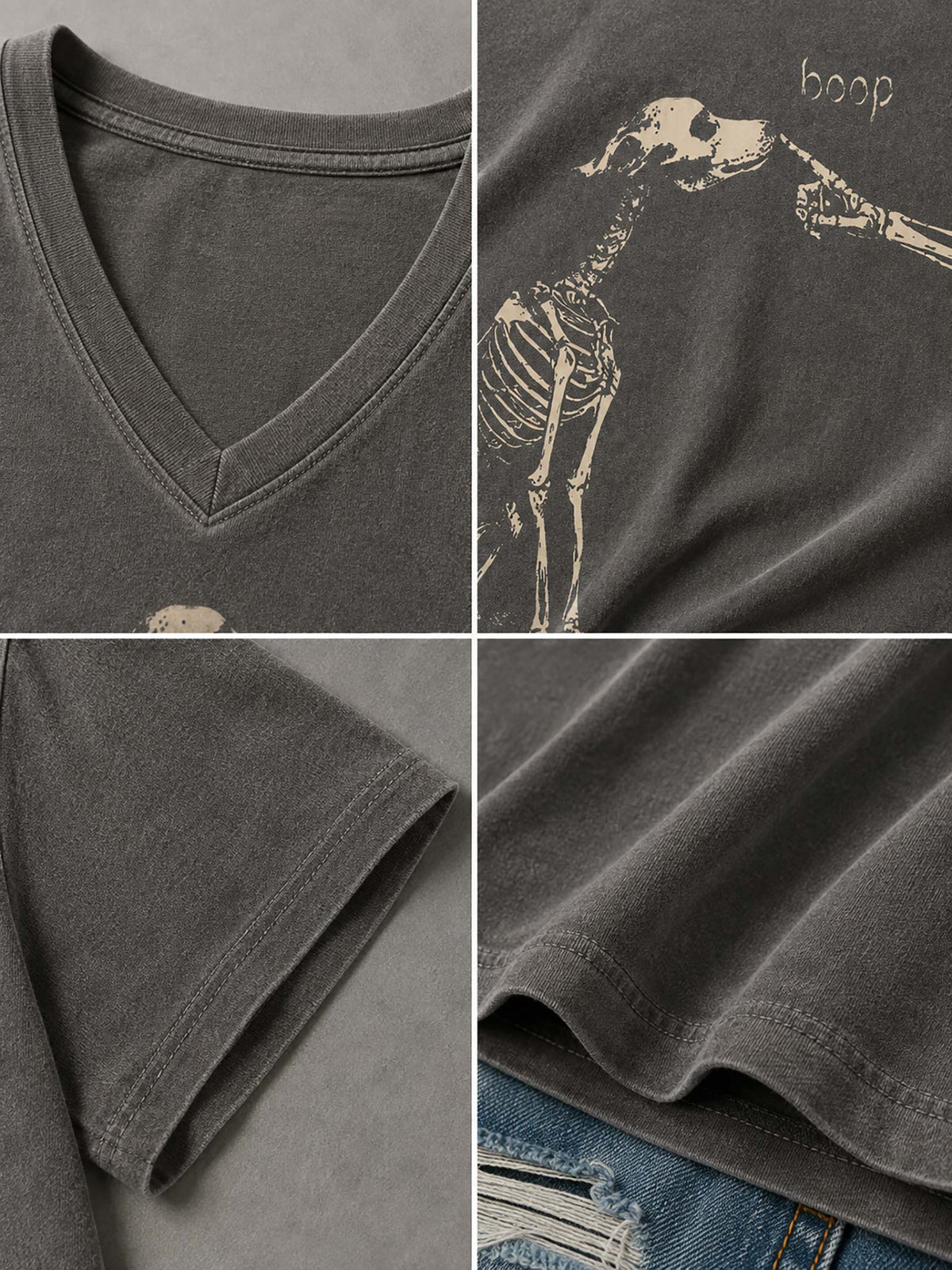 A dark gray V-neck t-shirt shown in a four-panel close-up collage. The top-left panel shows the V-neck collar, the top-right panel shows a beige skeleton graphic with the word 'hoop' near the chest, the bottom-left panel shows the sleeve cuff, and the bottom-right panel shows the hem with a distressed denim peeking out.