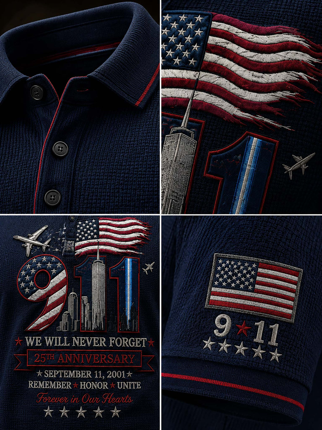 A navy blue polo shirt with a detailed 9/11 memorial graphic on the front, featuring the American flag, twin towers, airplanes, and text reading 'We Will Never Forget 25th Anniversary September 11, 2001'.