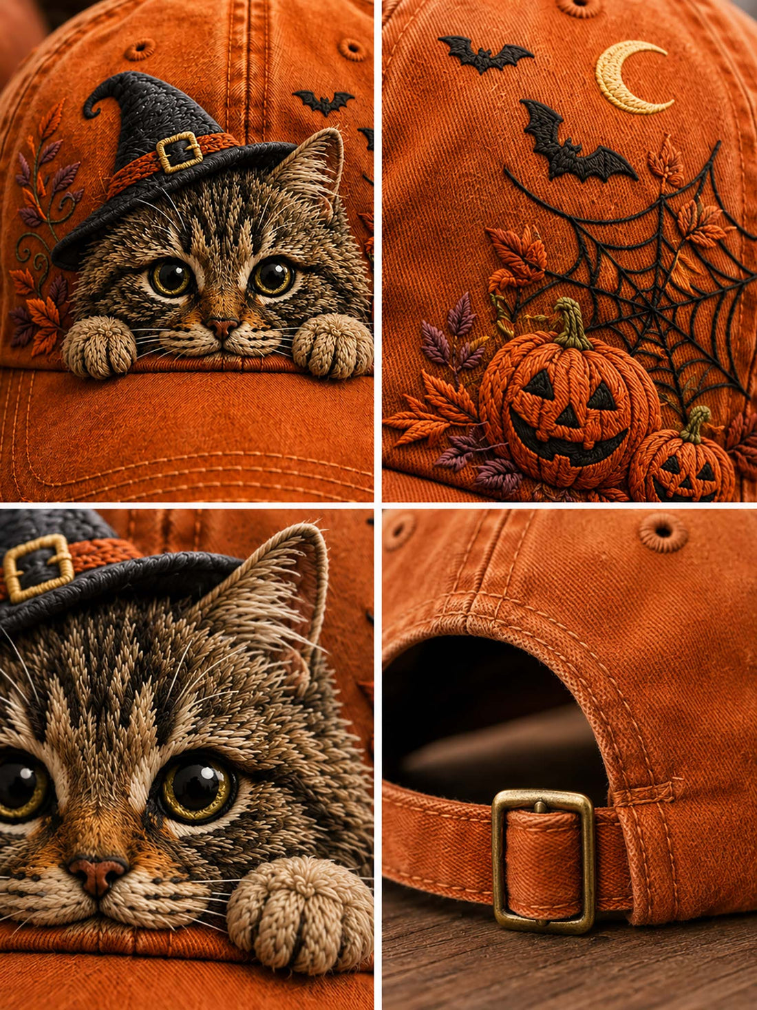 An orange baseball cap with embroidered Halloween-themed details, featuring a cat wearing a witch hat and surrounded by pumpkins, bats, spiderwebs, and a crescent moon, set against a cozy autumn background.