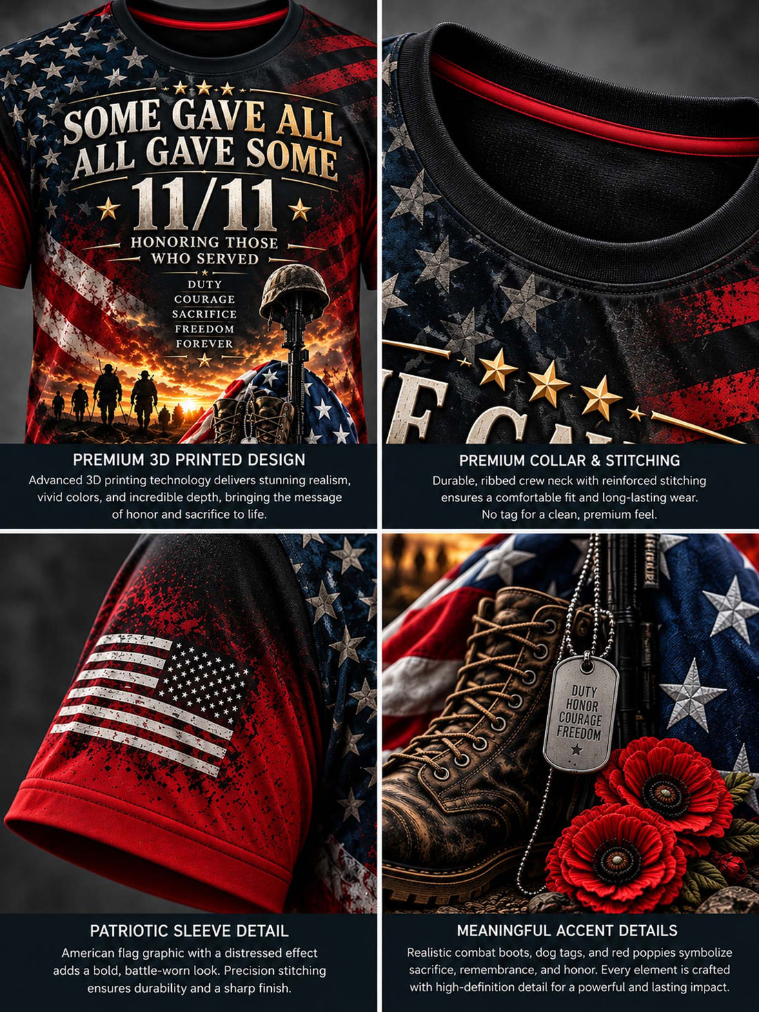A patriotic 11/11 memorial graphic t-shirt featuring a distressed American flag design, military helmets and boots, soldiers, and roses on a dark gray background.