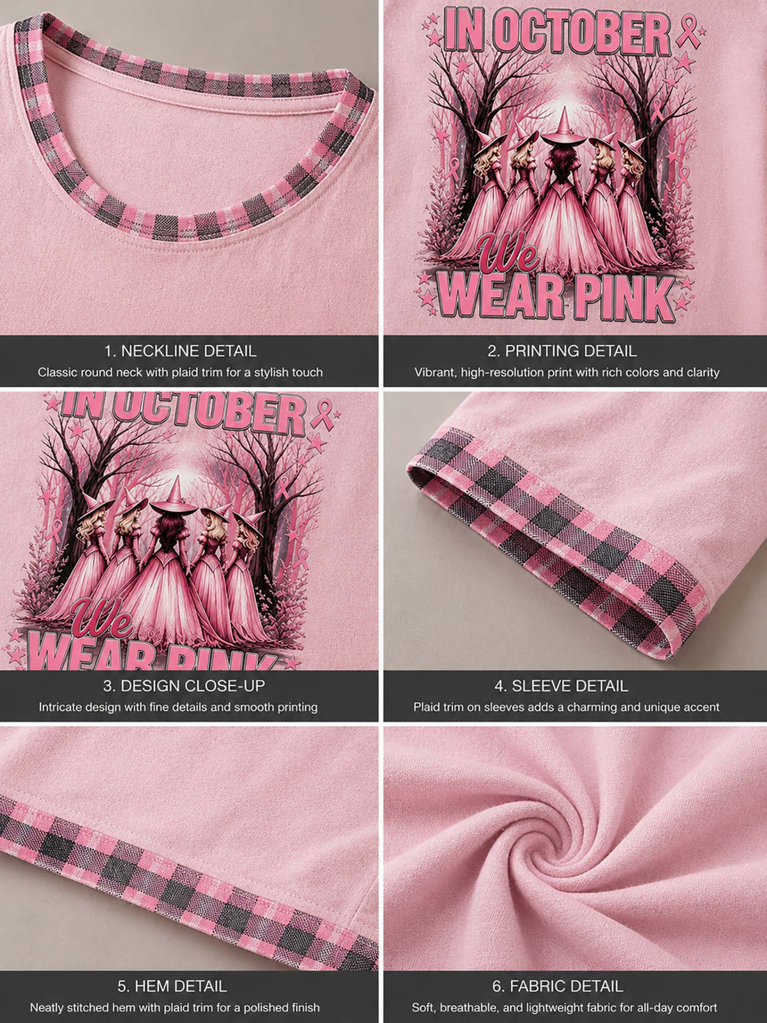 A woman wearing a light pink short-sleeve t-shirt with a graphic print that reads 'IN OCTOBER WE WEAR PINK' and shows three witches in pink robes standing in a forest. The t-shirt has plaid trim on the collar and cuffs.