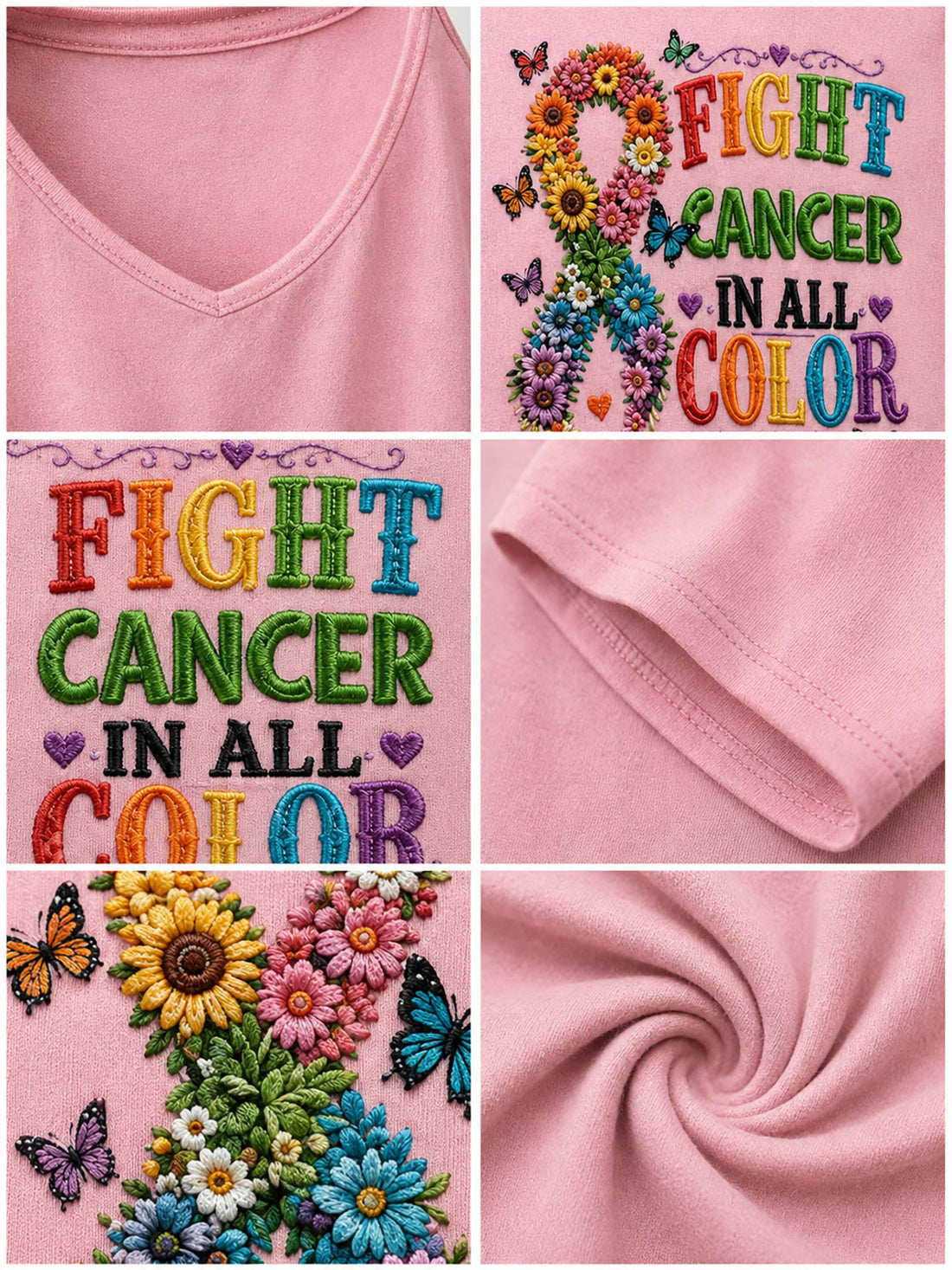 A woman wearing a pink cold-shoulder V-neck T-shirt with a colorful 'FIGHT CANCER IN ALL COLOR' graphic featuring a flower ribbon and butterflies, paired with blue jeans.