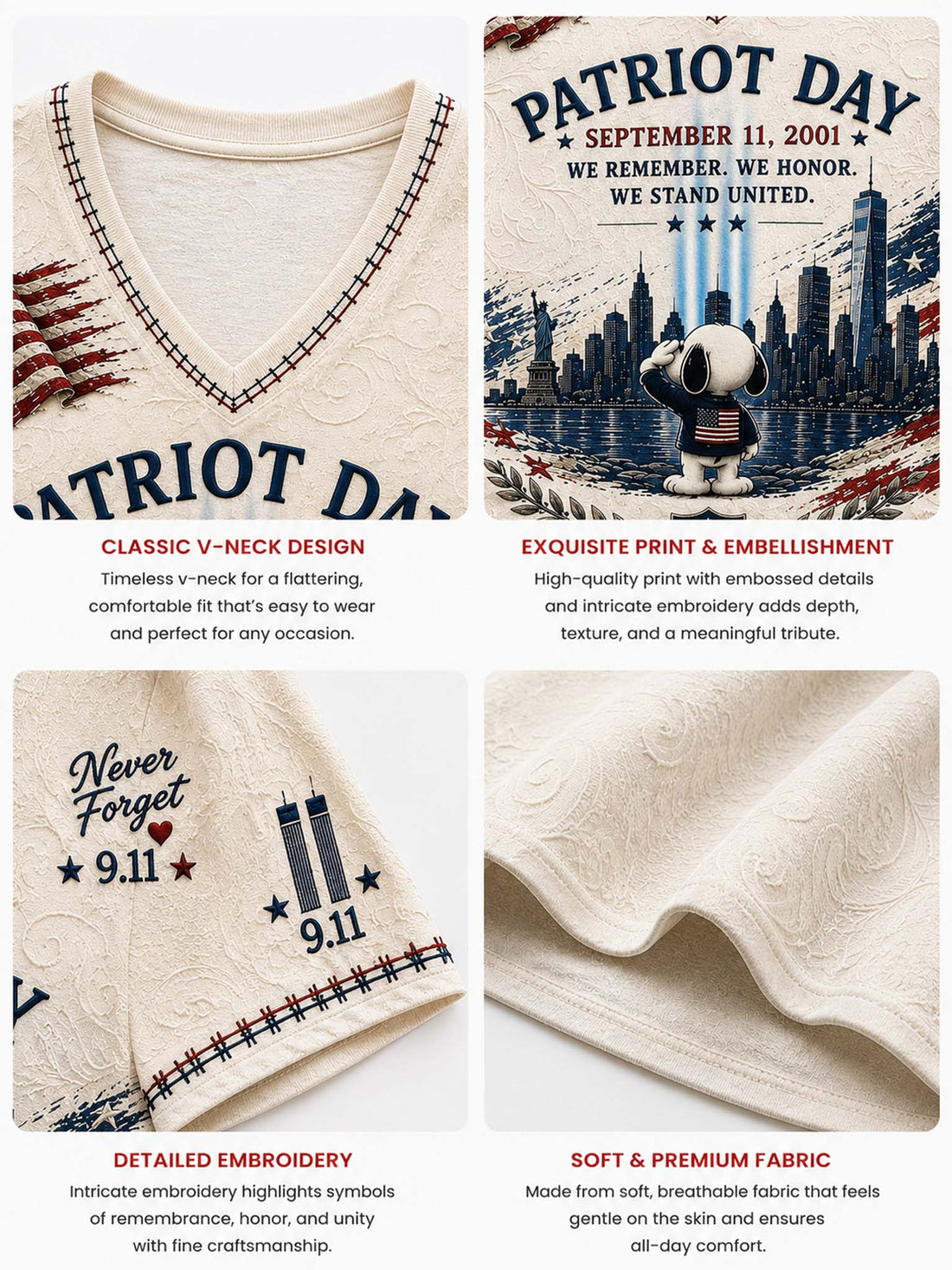 A cream-colored V-neck graphic t-shirt featuring a patriotic 'Patriot Day' design with Snoopy and a saluting dog, set against a gray studio background. The shirt is styled with distressed denim shorts on a wooden hanger.