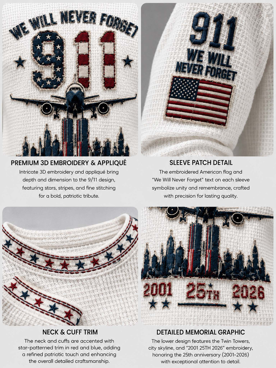A white waffle-knit crewneck sweater with patriotic 911 first responders theme. The front features a large '911' filled with an American flag pattern, a silhouette of an airplane flying over a city skyline, and the text 'WE WILL NEVER FORGET' above.
