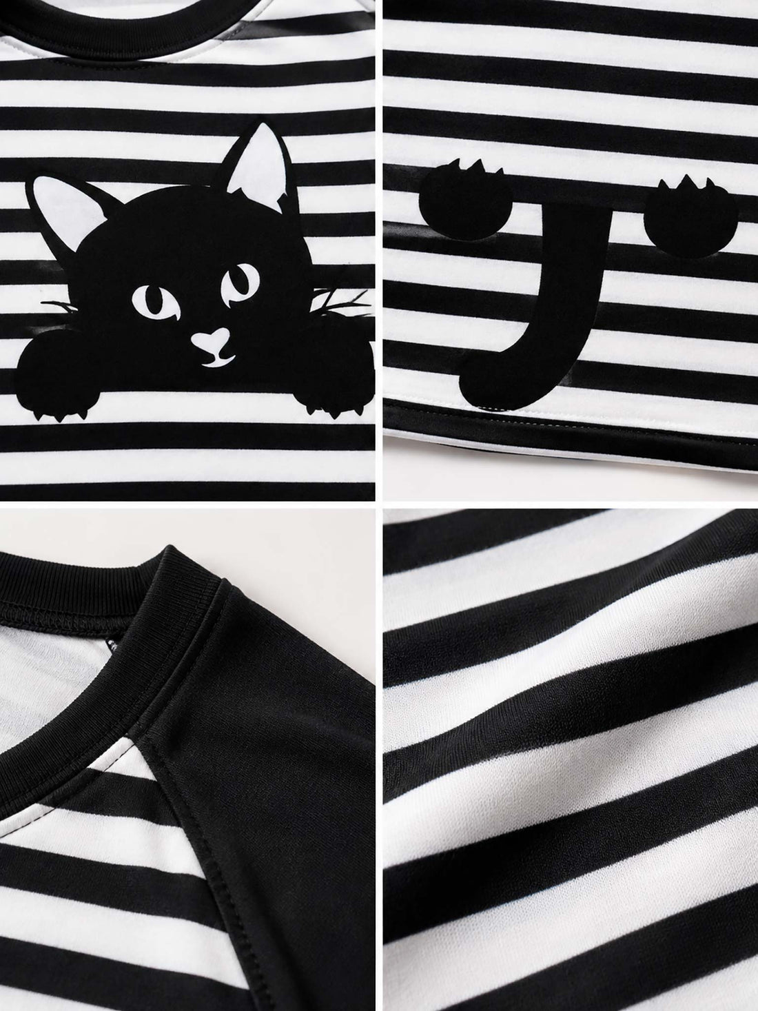 Black and white striped t-shirt with cat design on a wooden background
