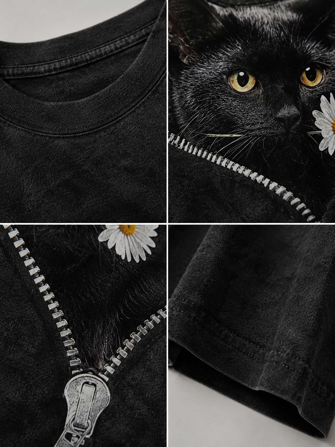 A woman wearing a dark gray t-shirt with a graphic of a black cat peeking out from a zipper, holding a white daisy flower. The background is a plain light wall.