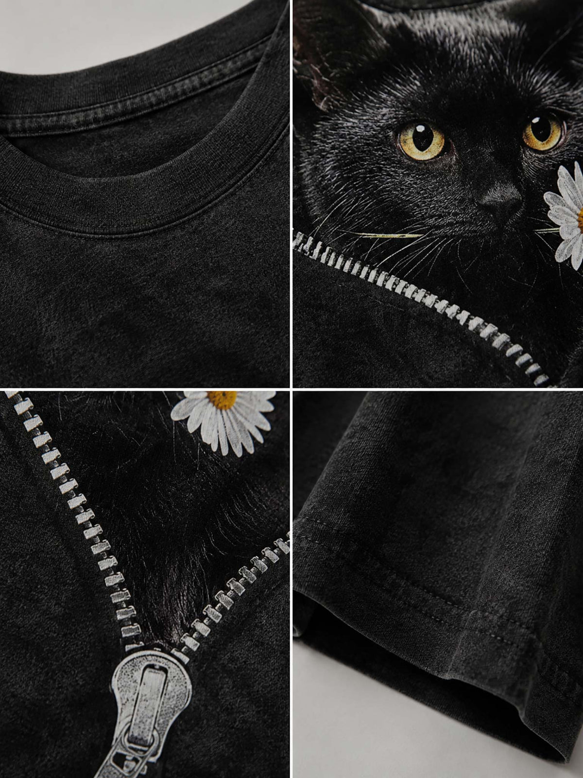 A black crewneck t-shirt with a silver zipper and a white daisy graphic, shown in a four-panel collage featuring a close-up of the collar, a black cat peeking out from behind the zipper, the zipper detail with the daisy, and a folded view of the sleeve.
