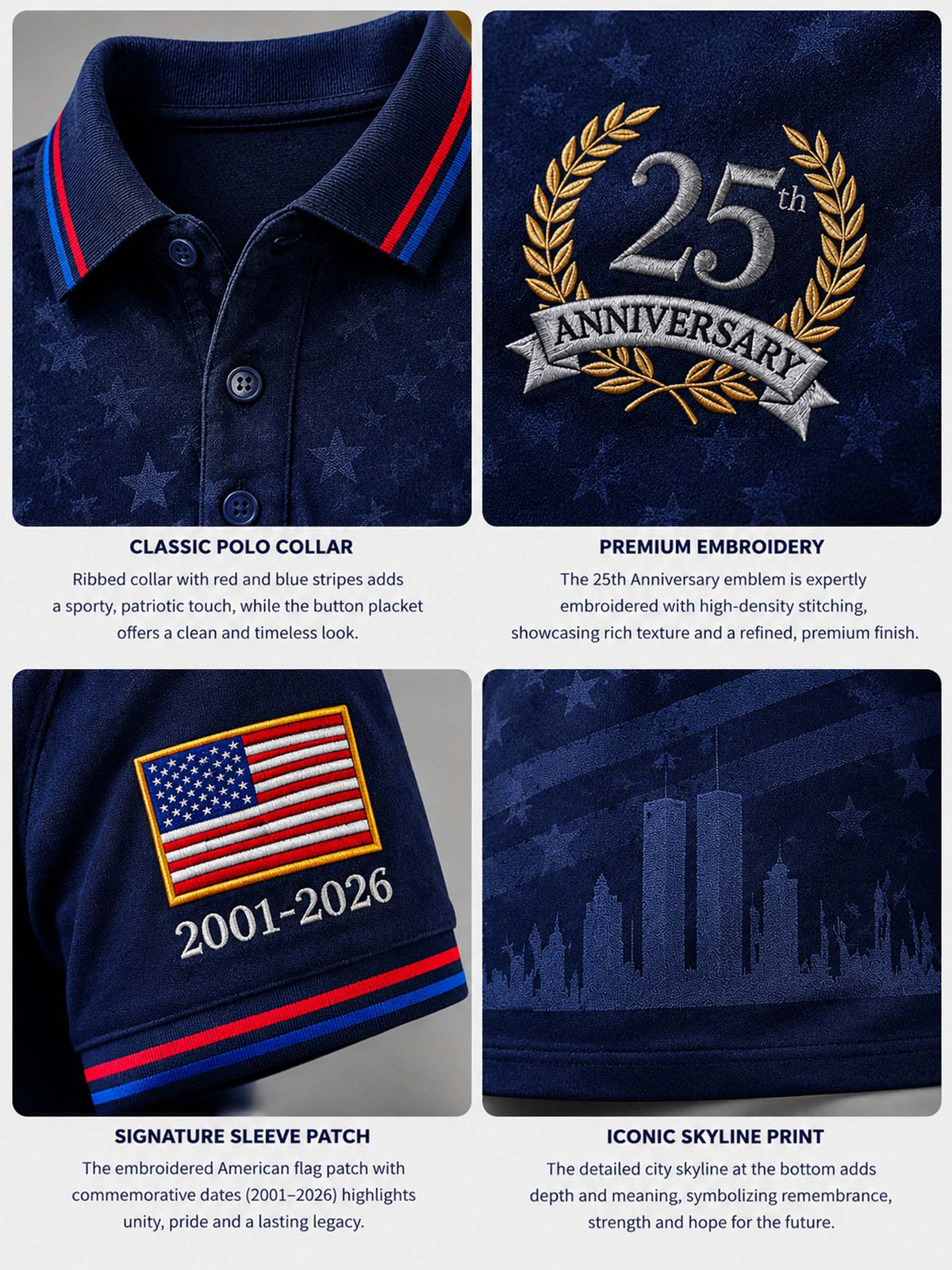 A four-panel product feature collage for a navy blue polo shirt. The top-left panel shows the classic polo collar with red and blue stripes and white button placket.
