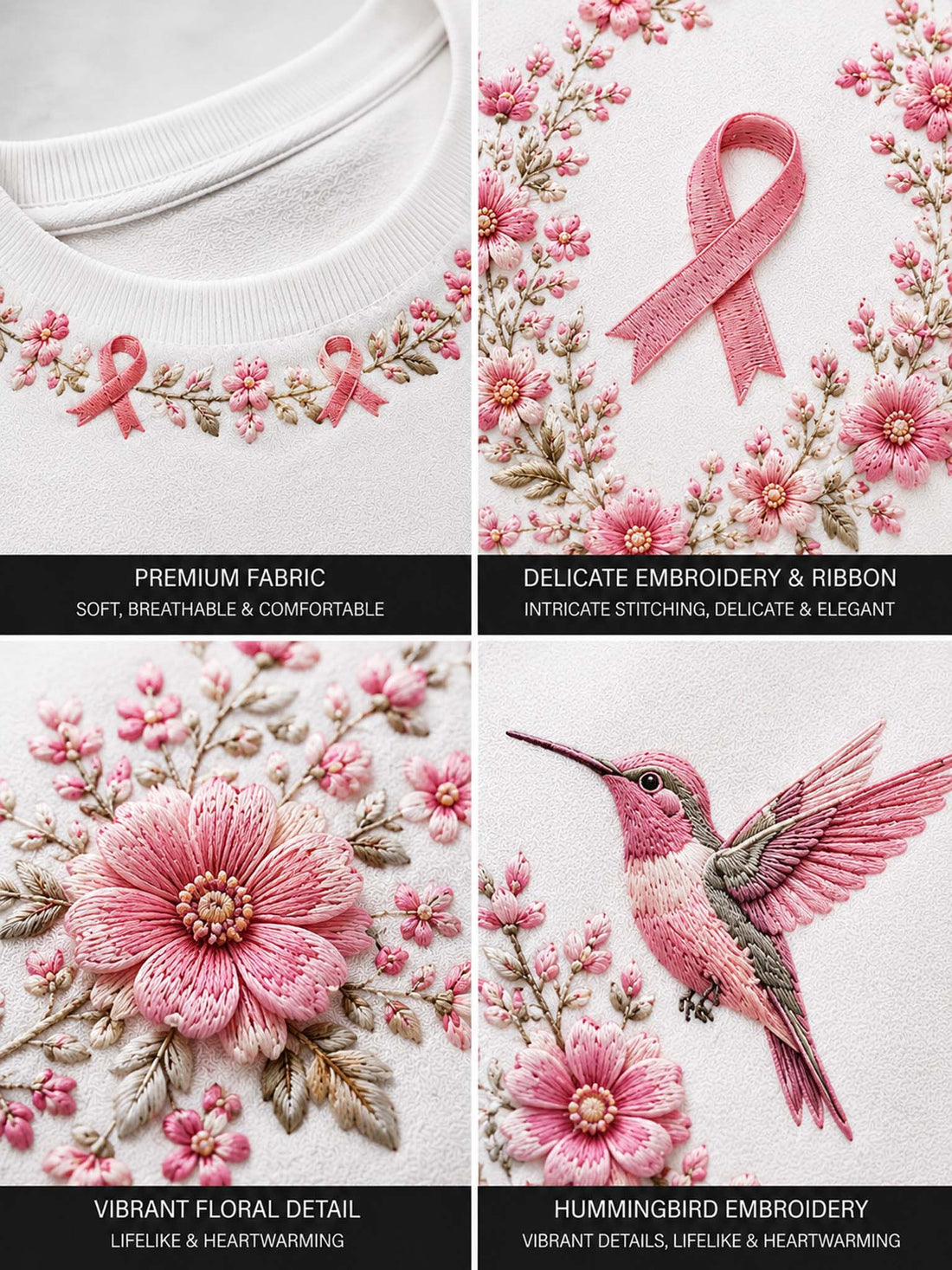 A woman wearing a white crewneck sweatshirt with a pink breast cancer awareness design featuring a pink ribbon, a floral heart, and a hummingbird.