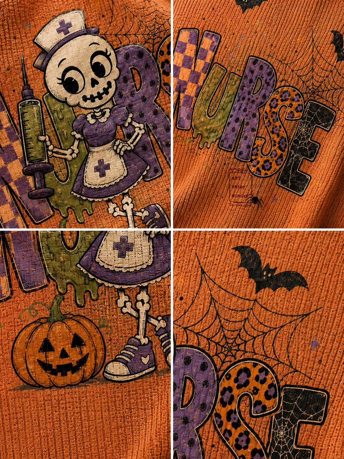 A woman wearing a burnt orange waffle-knit crewneck sweater with a large Halloween nurse graphic on the front, paired with blue jeans against a dark gray background.