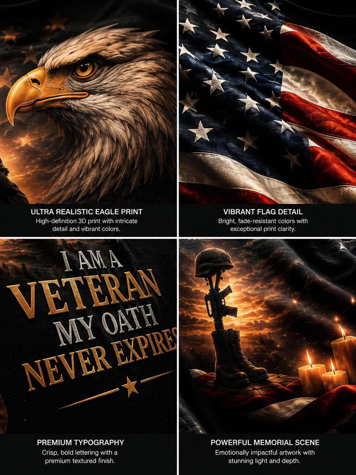 A four-panel promotional collage showing patriotic memorial-themed artwork: a close-up eagle head print, a detailed American flag scene, bold text reading 'I AM A VETERAN MY OATH NEVER EXPIRES,' and a memorial scene with a rifle, helmet, and candles against a fiery sky.