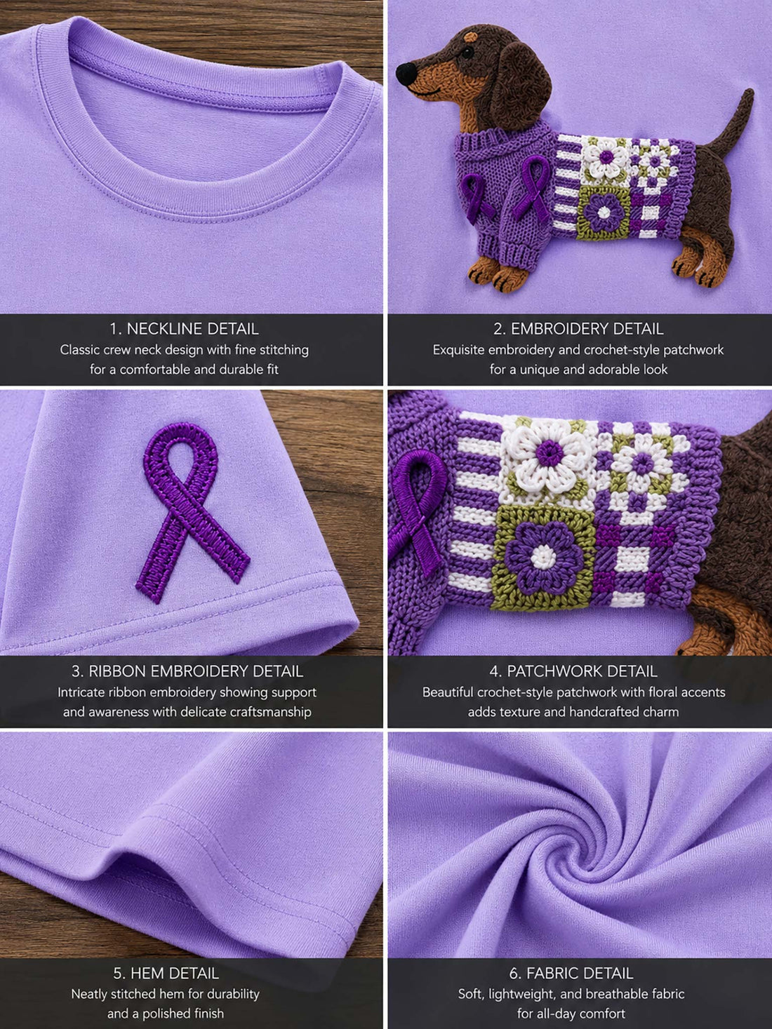 A lavender purple short-sleeve t-shirt with a dachshund wearing a knitted purple sweater, styled with distressed denim shorts on a wooden hanger against a rustic wood plank background.