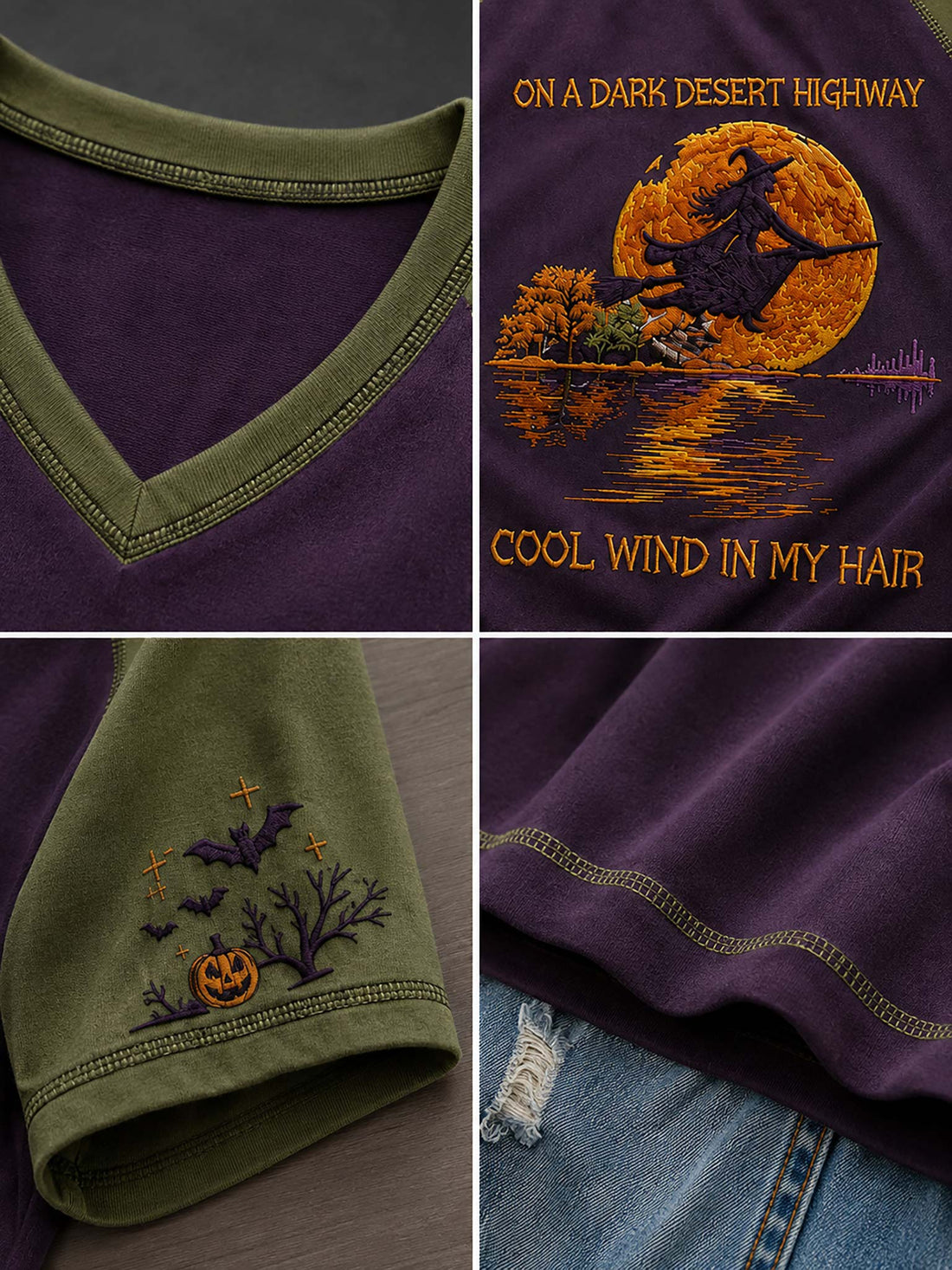 A raglan-style V-neck T-shirt with olive green sleeves and collar, and a dark purple body, featuring a Halloween graphic of a witch riding a broomstick across a large orange full moon over water. The text reads 'ON A DARK DESERT HIGHWAY' and 'COOL WIND IN MY HAIR.