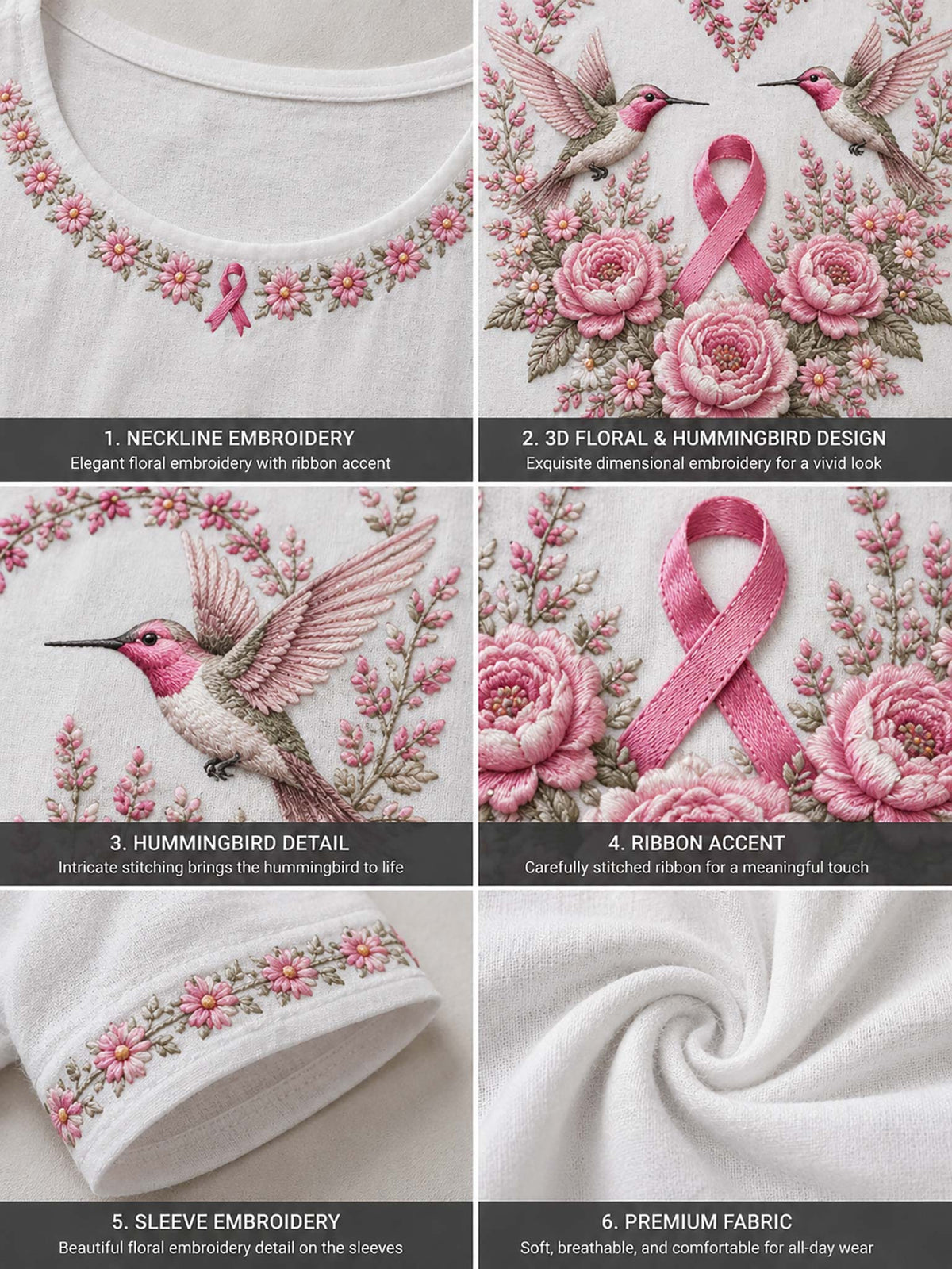 Six-panel collage showing embroidered details on a white garment, including floral embroidery around the neckline, a hummingbird and pink ribbon design, a close-up of the hummingbird embroidery, a pink ribbon accent, sleeve embroidery, and fabric texture. Text labels describe each feature.