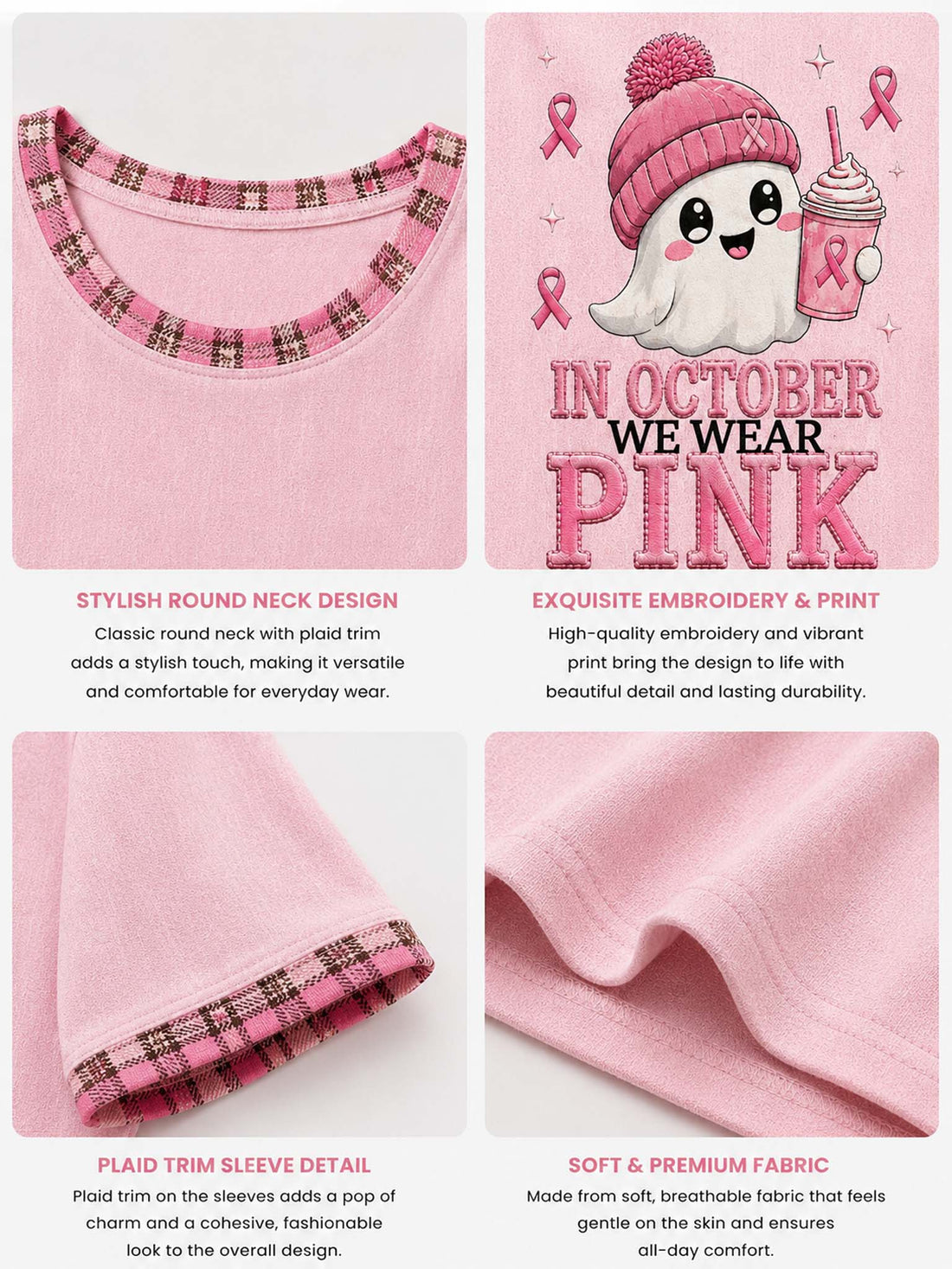 A woman wearing a pink short-sleeve graphic T-shirt with a cartoon ghost wearing a pink beanie and holding a pink drink, with the text 'IN OCTOBER WE WEAR PINK' on the front.