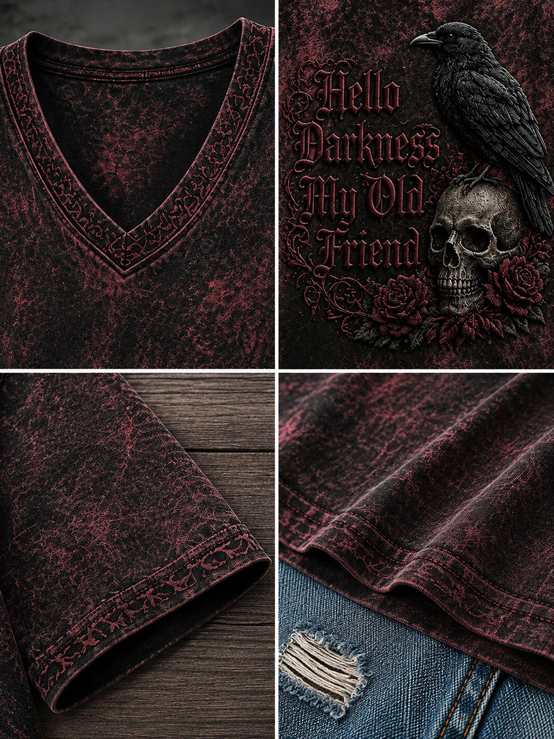 A gothic-style short-sleeve V-neck t-shirt with a distressed dark red and black acid-wash finish, featuring a graphic print of a raven, skull, and roses with the text 'Hello Darkness My Old Friend'. The shirt is displayed on a wooden hanger against a dark gray textured background, styled with distressed denim shorts.
