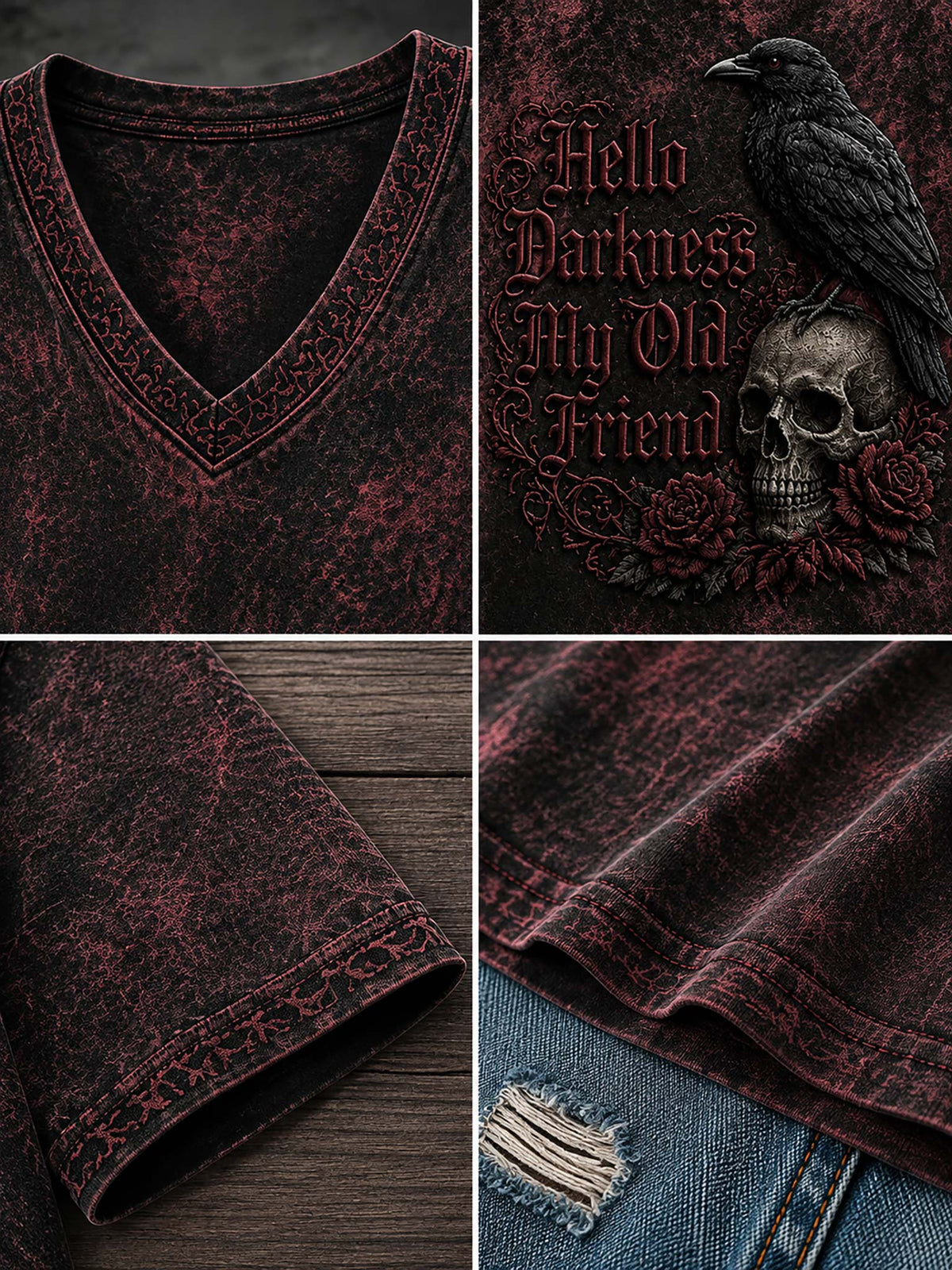 A dark distressed V-neck t-shirt shown in a four-panel collage. The shirt features a gothic design with a black raven, a skull, red roses, and the text 'Hello Darkness My Old Friend' in a gothic font.