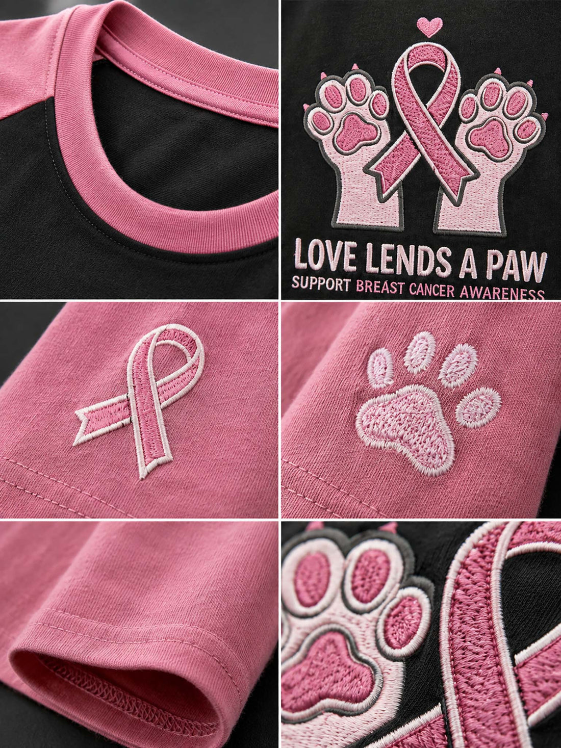 A women's short-sleeve raglan T-shirt hanging on a wooden hanger, paired with distressed denim shorts. The shirt has a black body and pink sleeves, featuring a graphic of two paw prints with a pink ribbon and the text 'LOVE LENDS A PAW SUPPORT BREAST CANCER AWARENESS' on the front.