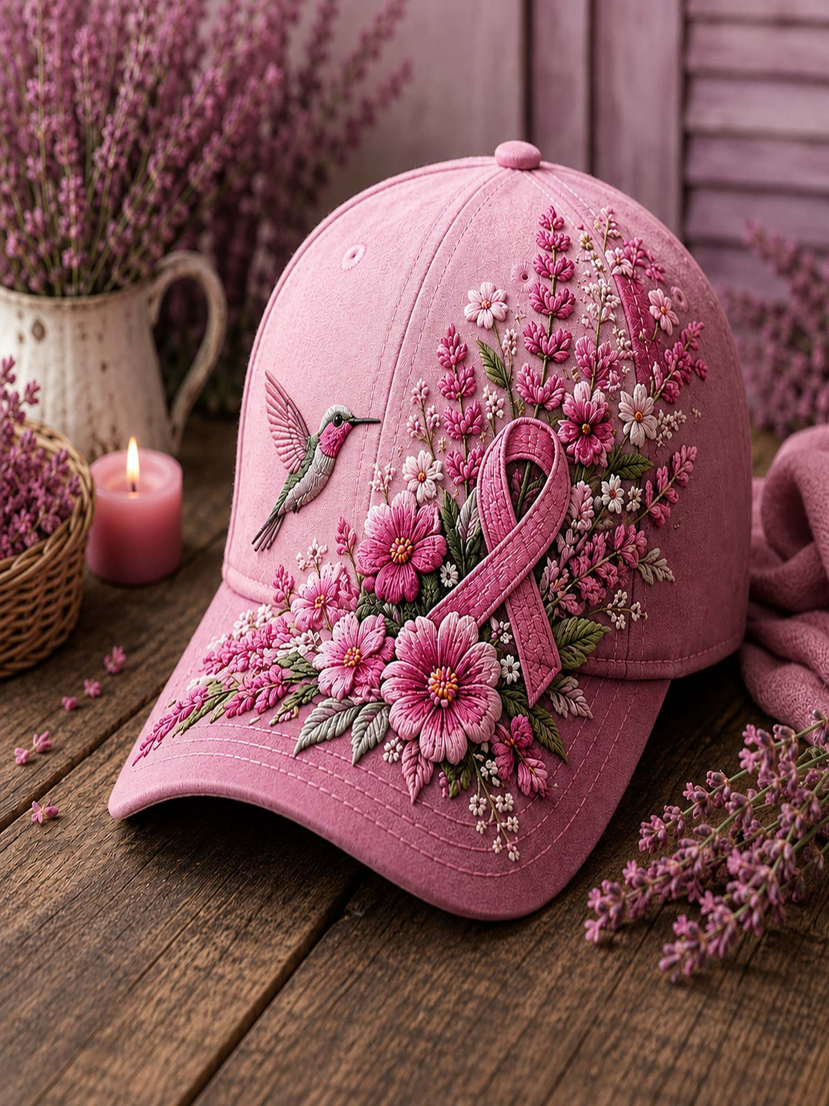 A pink baseball cap with detailed floral and butterfly embroidery, featuring a pink awareness ribbon on the front, displayed on a rustic wooden surface with lavender and a lit candle in the background.