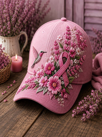 A pink baseball cap with detailed floral and butterfly embroidery, featuring a pink awareness ribbon on the front, displayed on a rustic wooden surface with lavender and a lit candle in the background.