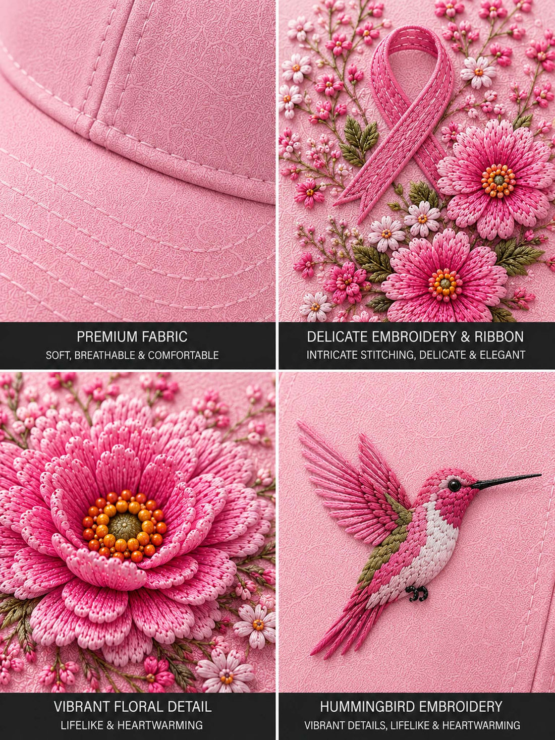 A pink baseball cap with detailed floral and butterfly embroidery, featuring a pink awareness ribbon on the front, displayed on a rustic wooden surface with lavender and a lit candle in the background.