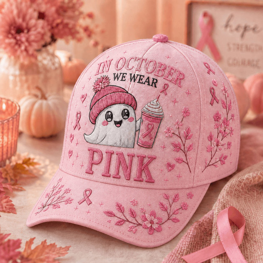 A pink embroidered baseball cap with a cute ghost character wearing a pink beanie and holding a pink drink, surrounded by pink awareness ribbons and floral embroidery. The cap features the text 'IN OCTOBER WE WEAR PINK' and is styled in a cozy autumn-themed setting with pumpkins, fall leaves, and a pink ribbon.