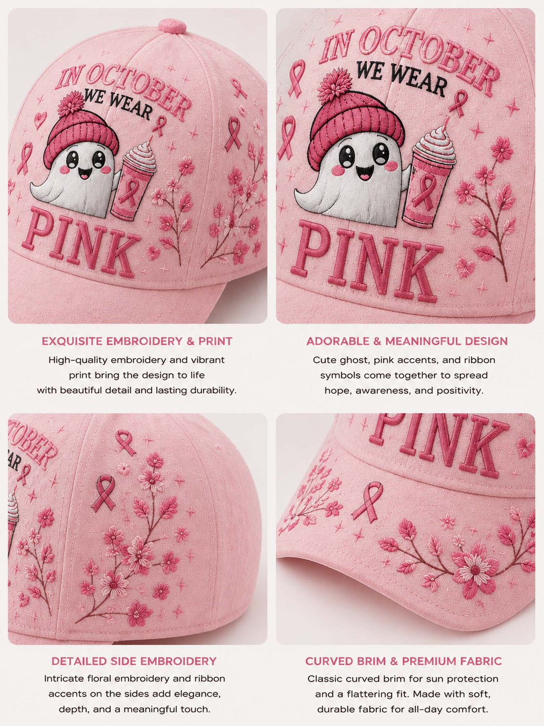 A pink embroidered baseball cap with a cute ghost character wearing a pink beanie and holding a pink drink, surrounded by pink awareness ribbons and floral embroidery. The cap features the text 'IN OCTOBER WE WEAR PINK' and is styled in a cozy autumn-themed setting with pumpkins, fall leaves, and a pink ribbon.