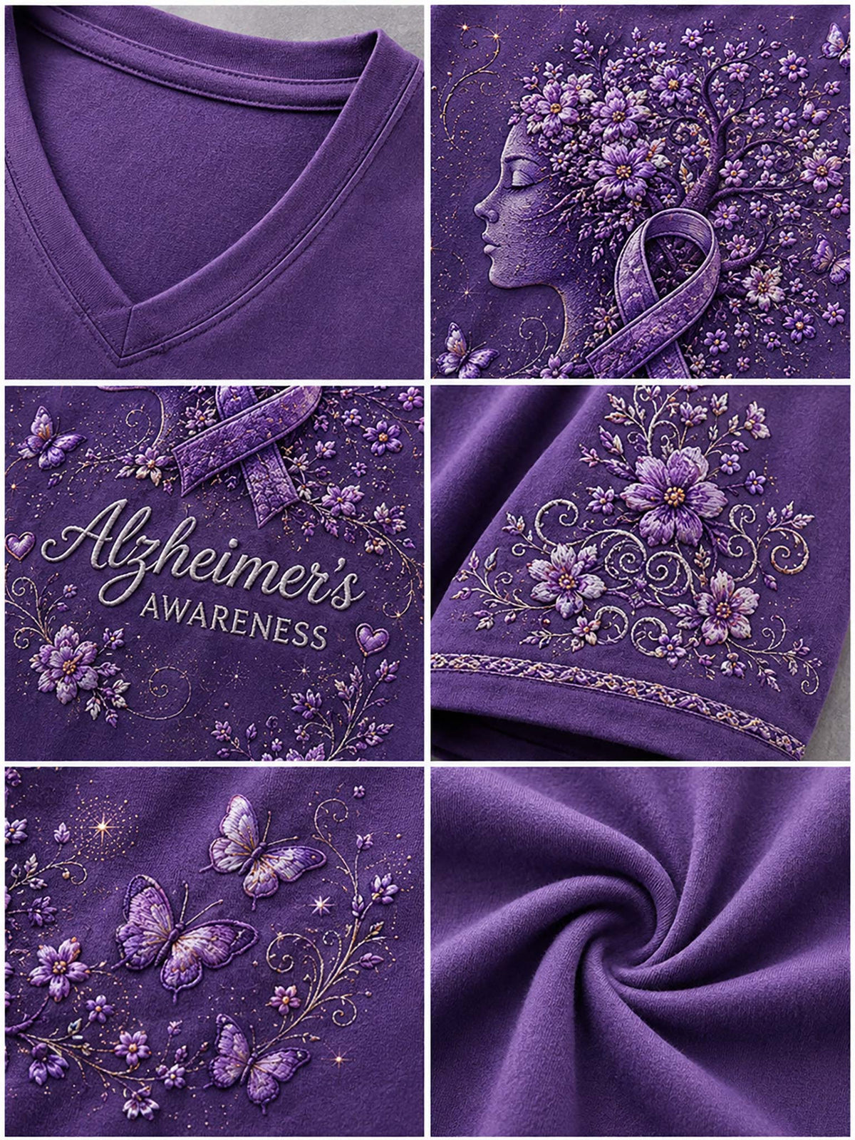 A purple fabric product shown in a six-panel collage, featuring a V-neck close-up, a profile portrait with floral hair details and a ribbon, the words 'Alzheimer's Awareness,' floral and butterfly embroidery, and a fabric texture swirled close-up.