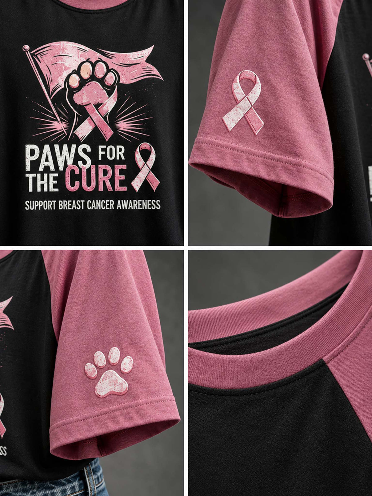 A four-panel close-up collage of a short-sleeve raglan T-shirt. The shirt has a black body and dusty rose sleeves/collar trim, with a pink paw print and flag graphic on the front reading 'PAWS FOR THE CURE' and 'SUPPORT BREAST CANCER AWARENESS,' plus a pink awareness ribbon on one sleeve.